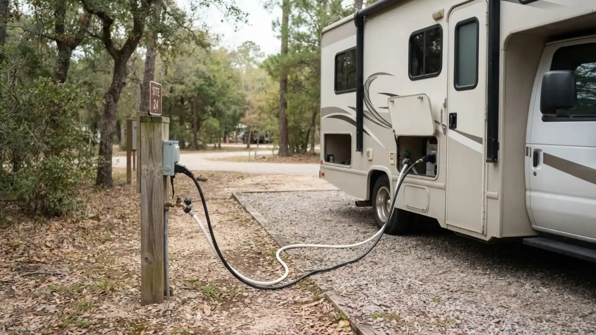 RV connected to campsite utility post with water hose and power cable attached.