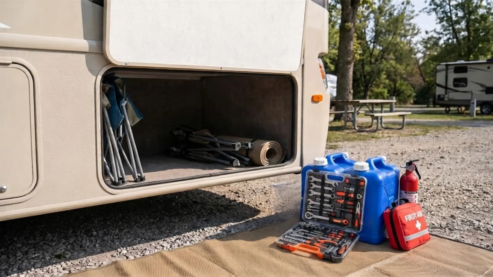 RV exterior storage compartment with food containers, tools, water containers, and safety equipment