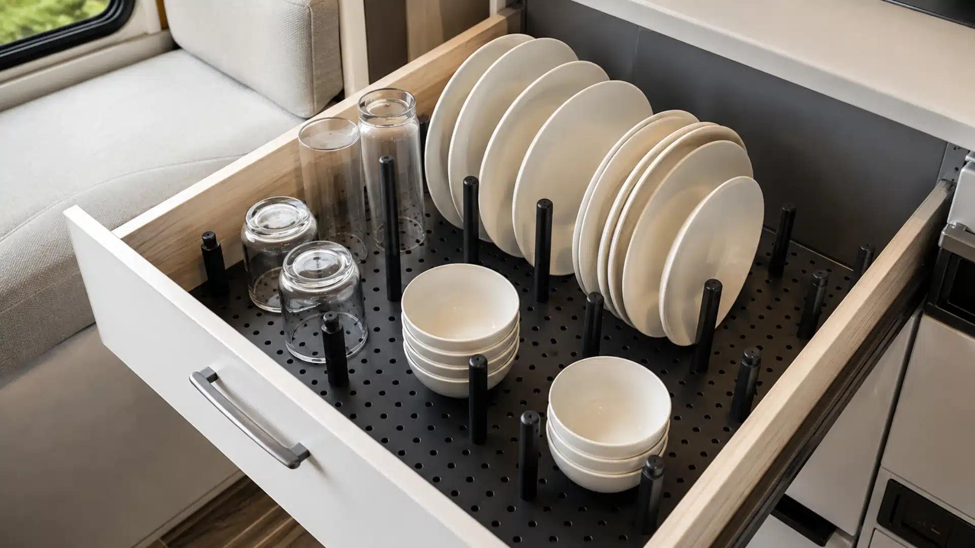 RV kitchen drawer with pegboard dividers organizing plates, bowls, glasses, and dishes