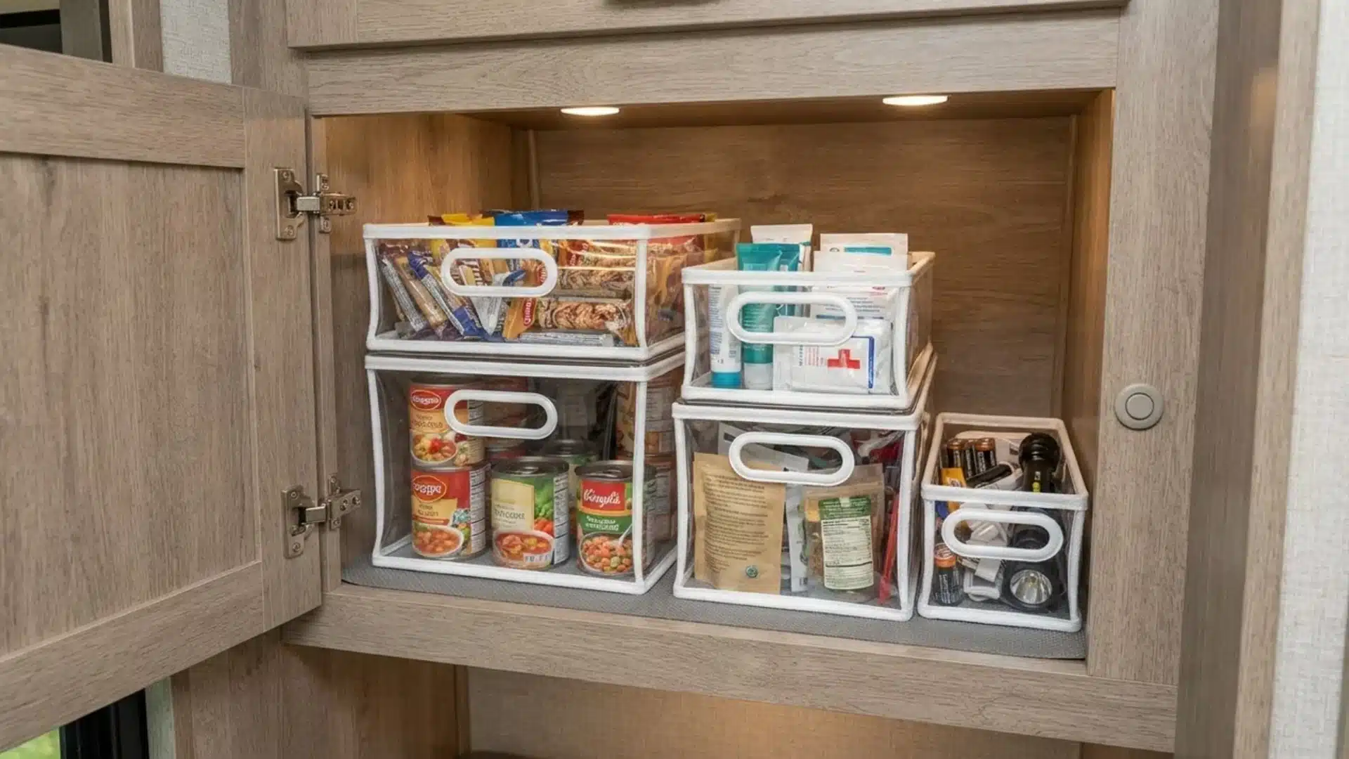 RV pantry cabinet organized with clear plastic storage bins containing food and supplies.