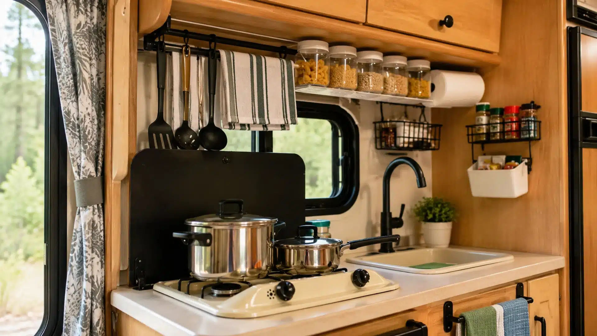 Organized RV kitchen storage with hanging utensils, jars, racks, and compact shelves