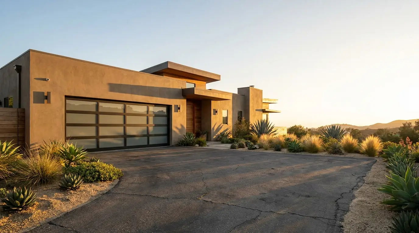 Modern desert home with flat roof and large garage, surrounded by agave plants and golden sunlight