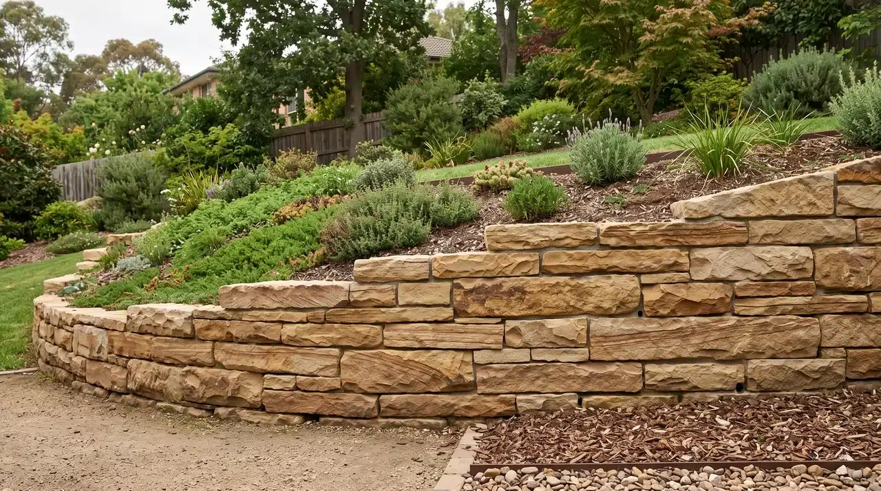 Sandstone retaining wall built from layered tan and brown stone