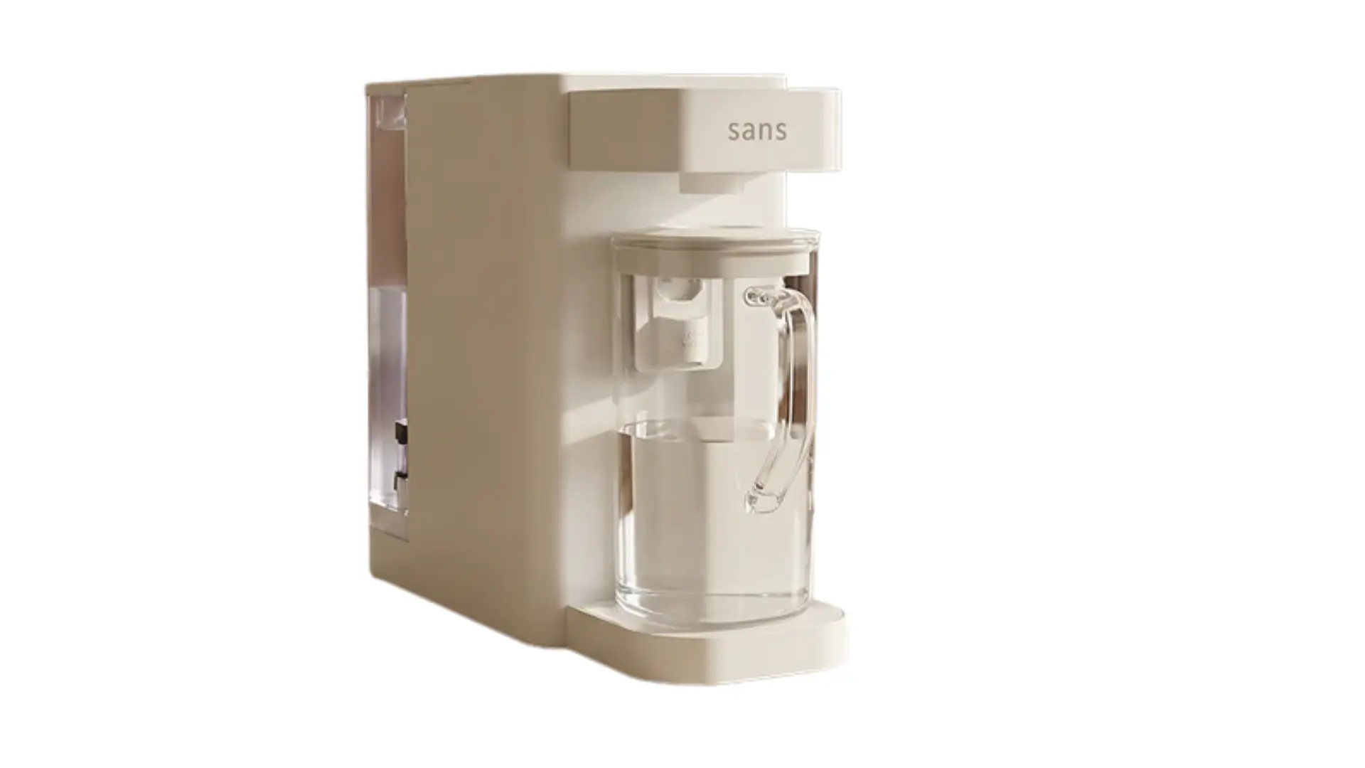 Sans countertop reverse osmosis water purifier with a removable glass pitcher positioned beneath the dispensing outlet