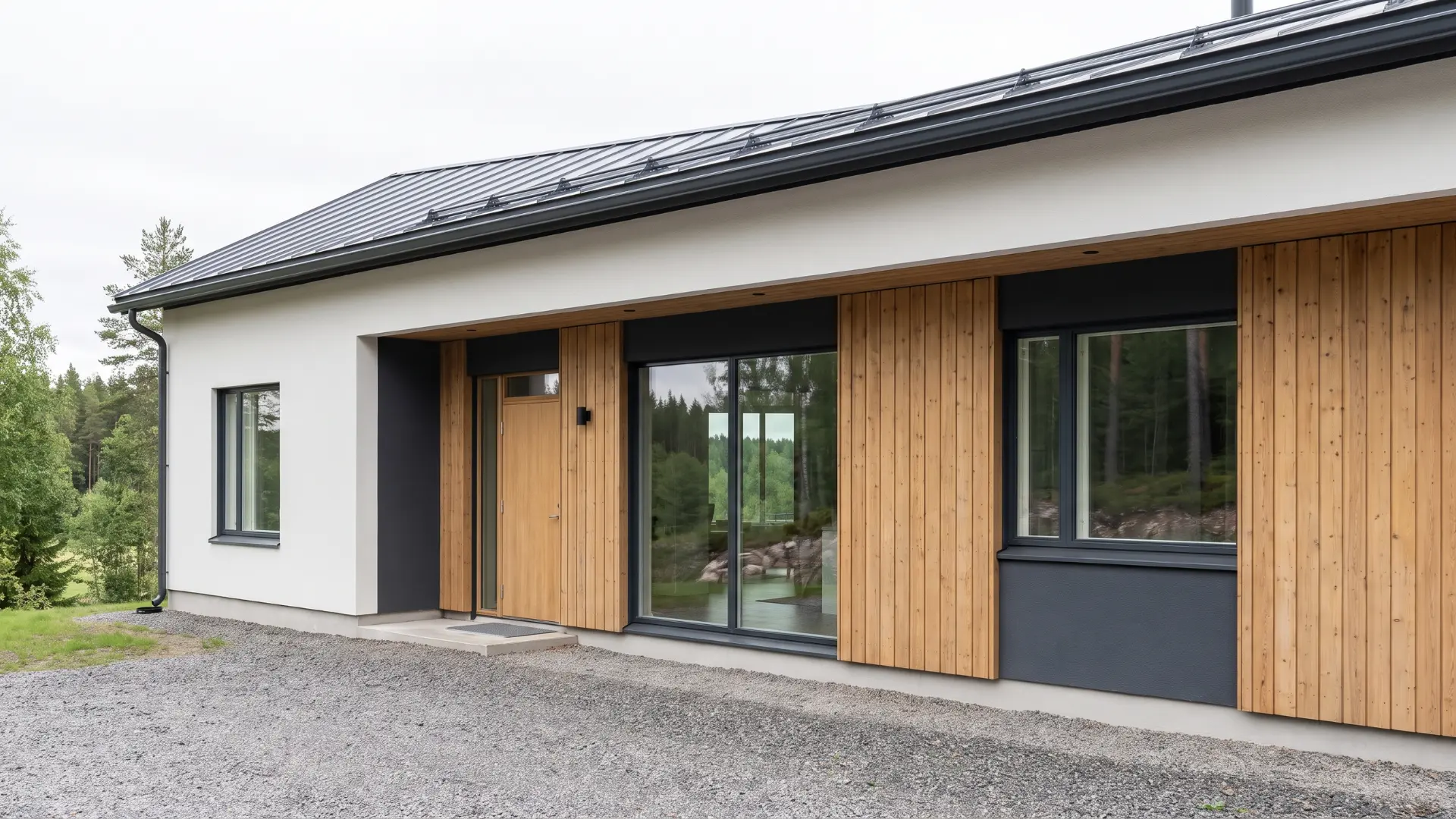 Scandinavian home exterior with wood panels, simple roofline, and large windows