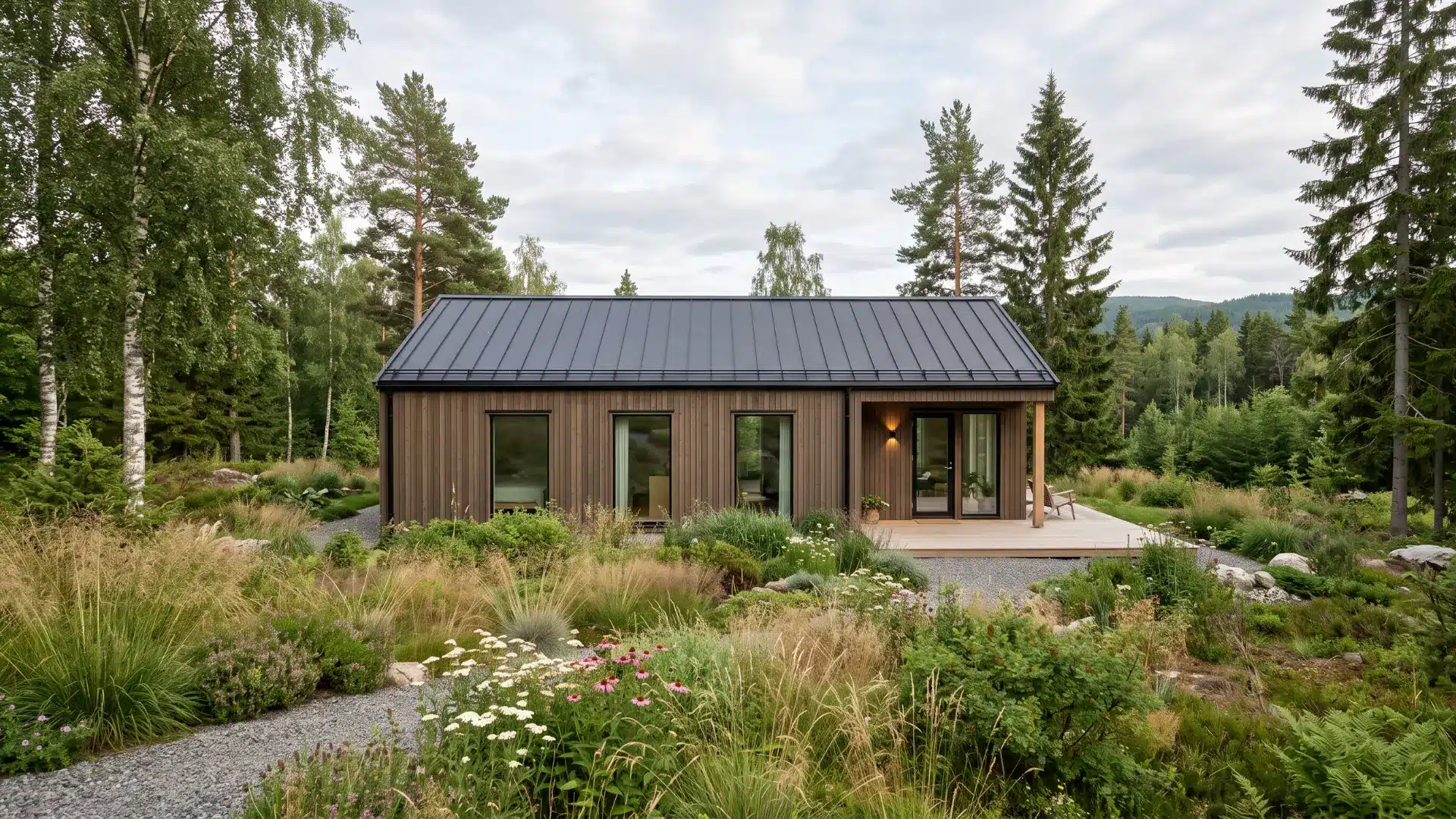 Scandinavian home with natural landscape planting