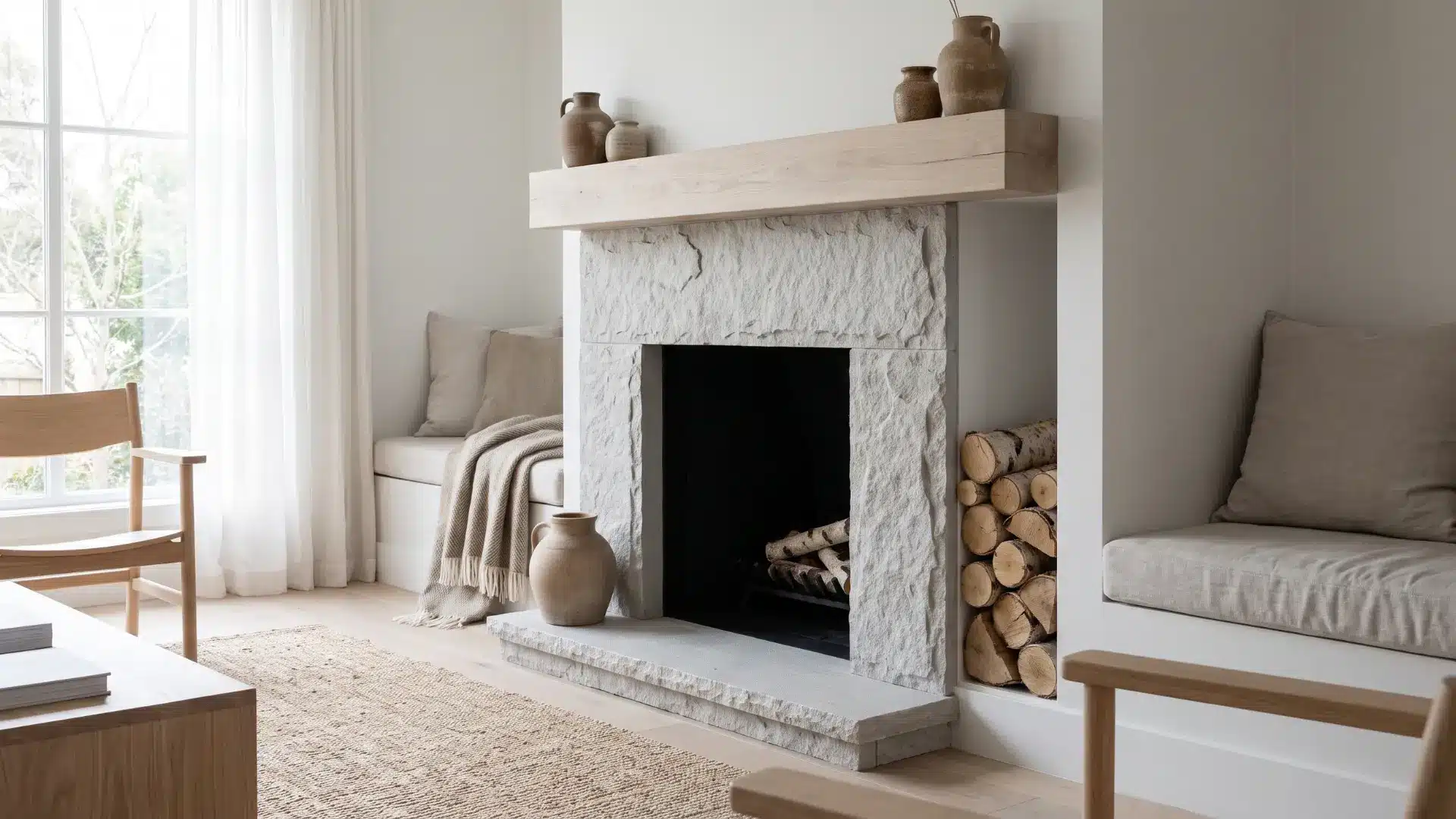 Scandinavian interior with natural stone fireplace
