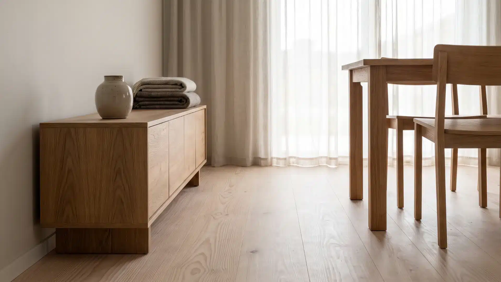 Scandinavian interior with pine ash and oak wood tones