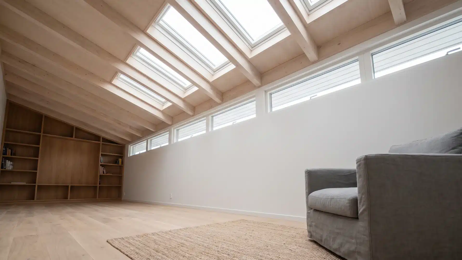 Scandinavian interior with skylights and clerestory windows