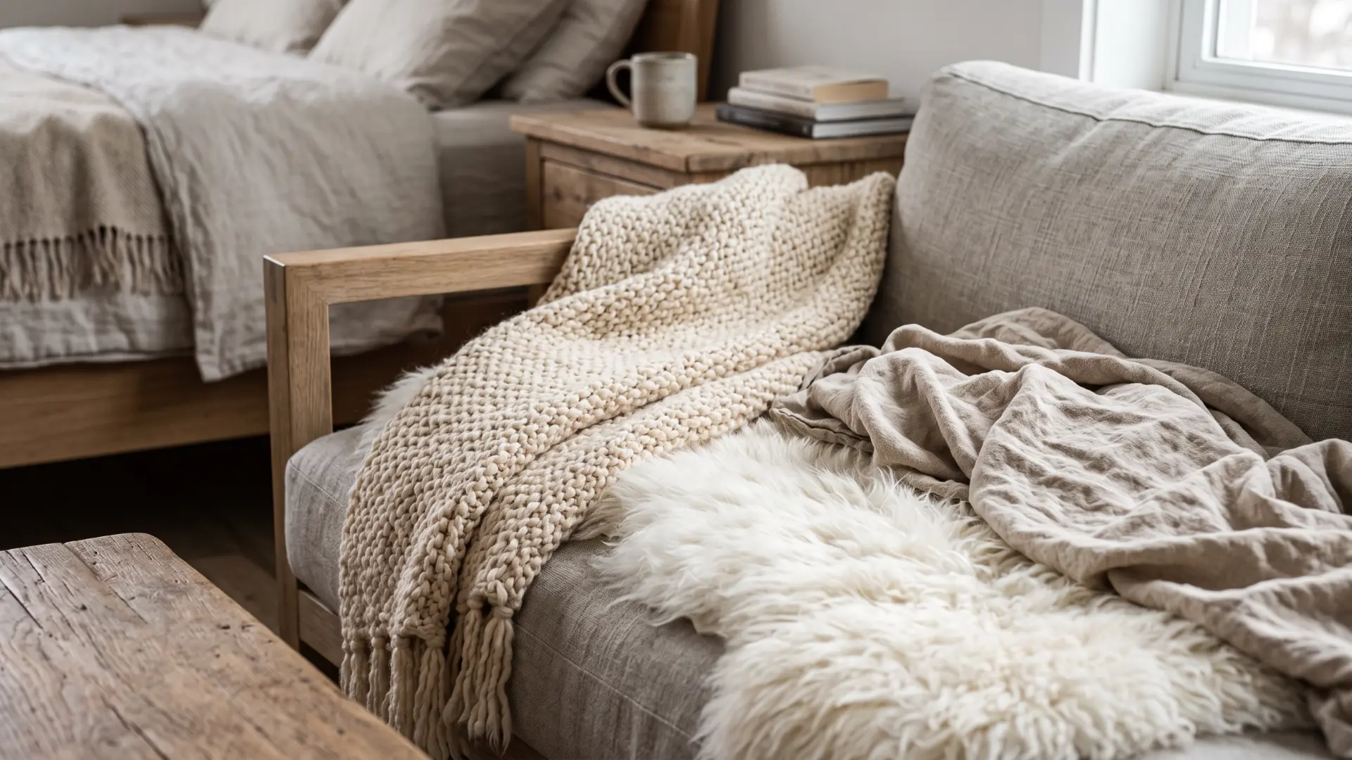 Scandinavian room with wool sheepskin and linen textiles