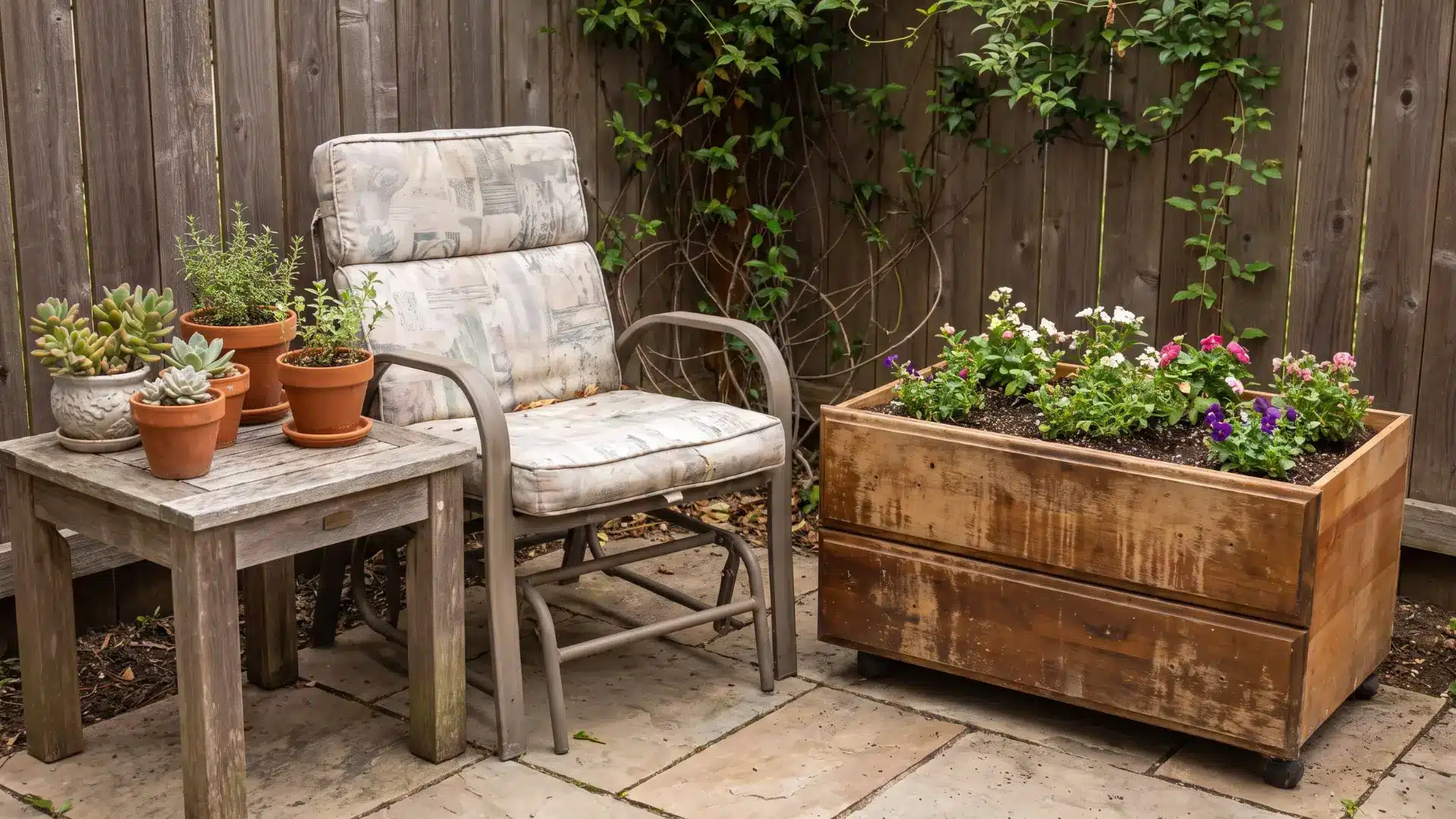 Secondhand patio chair, side table plant stand, and dresser drawer planter on a small patio