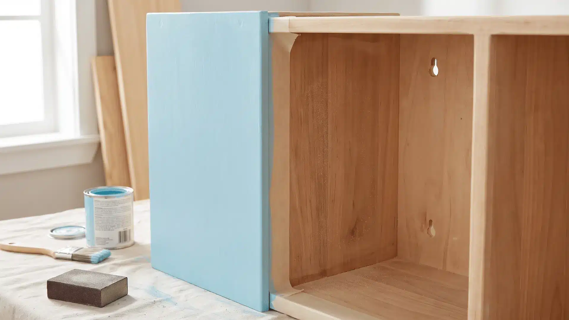 Secondhand playroom shelf midway through repainting after its surfaces were cleaned and sanded