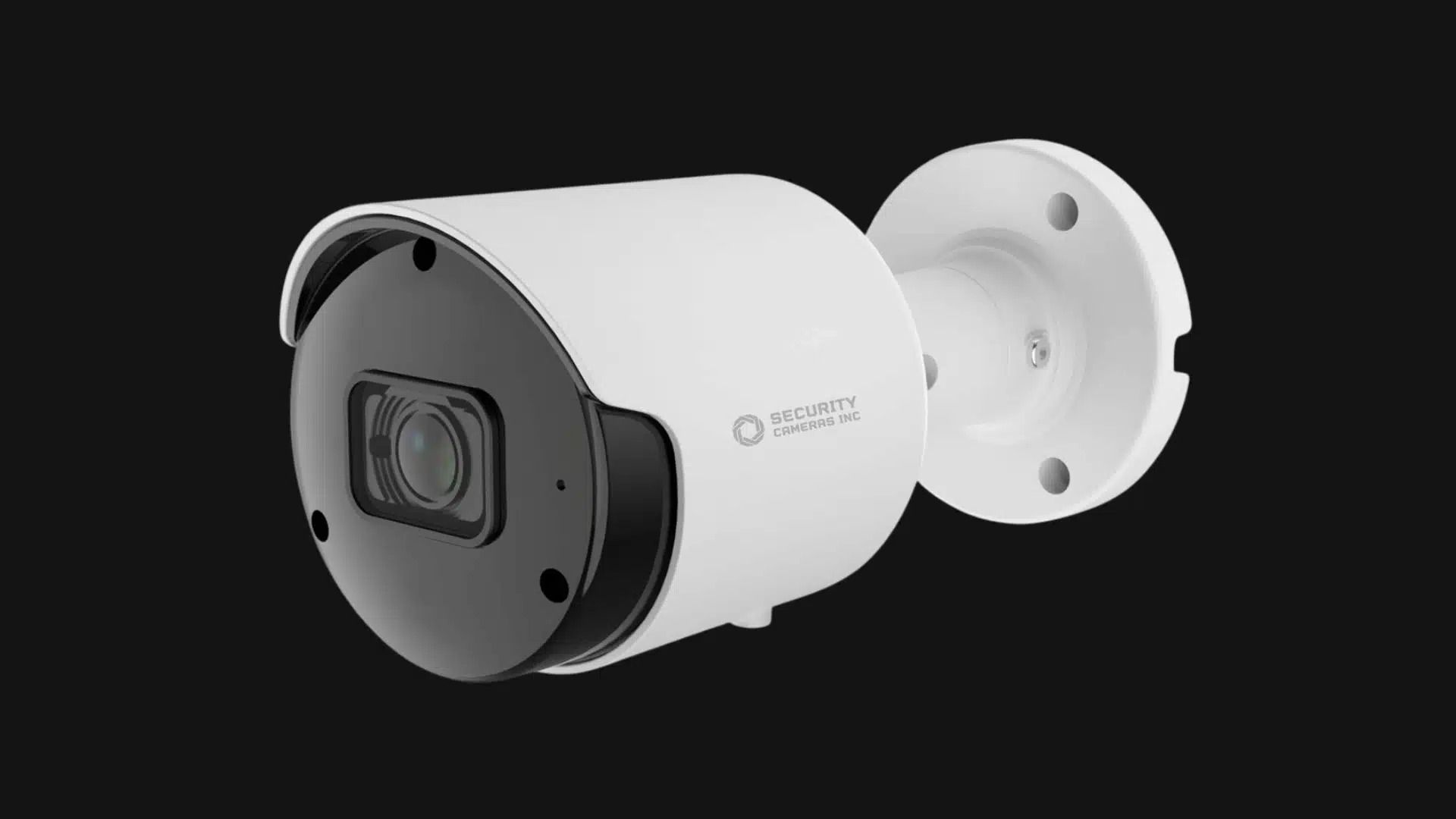 White bullet-style security camera with a black lens housing mounted against a dark background.