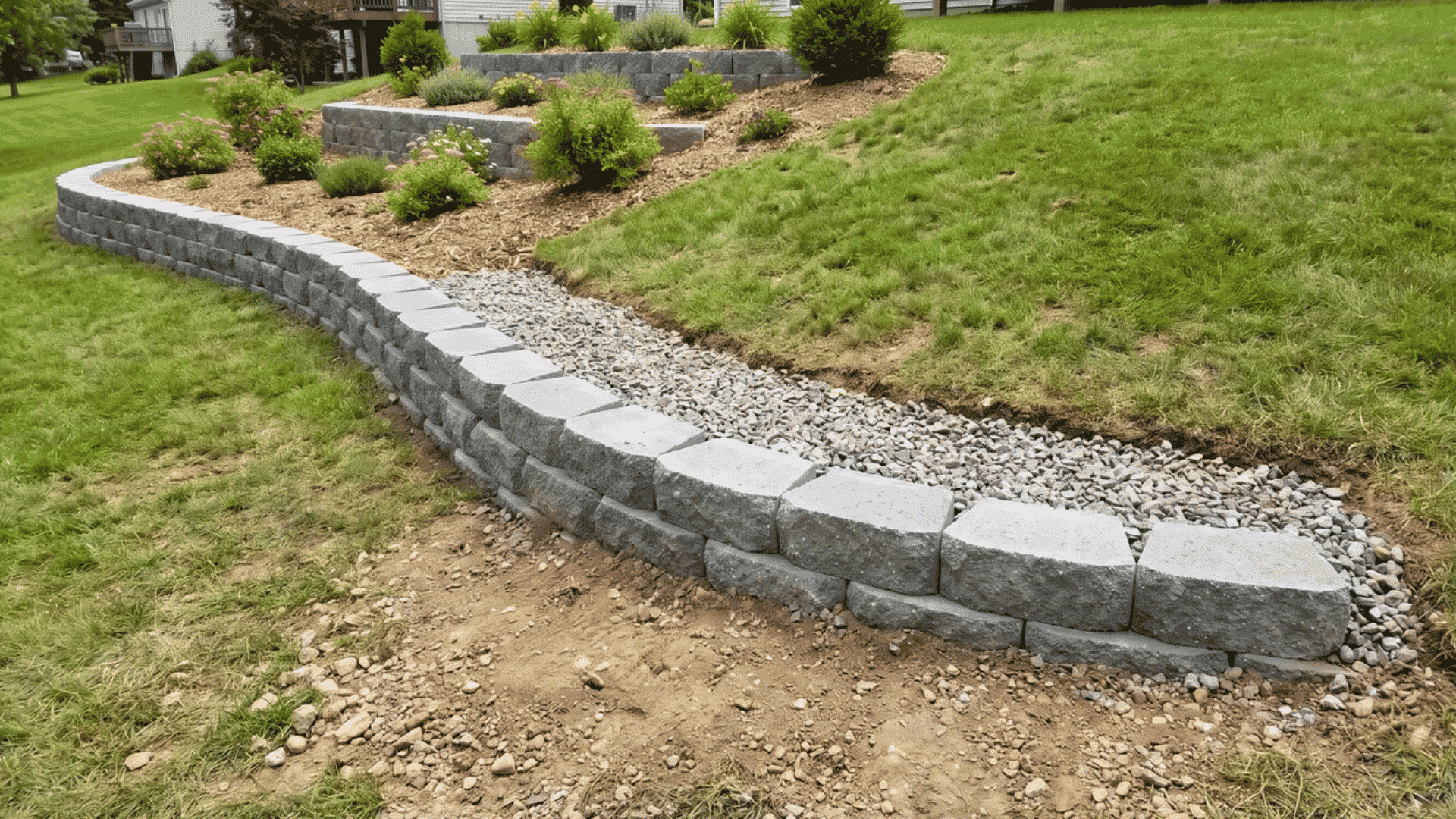 Segmental retaining wall holding back a backyard slope with gravel backfill behind the blocks.