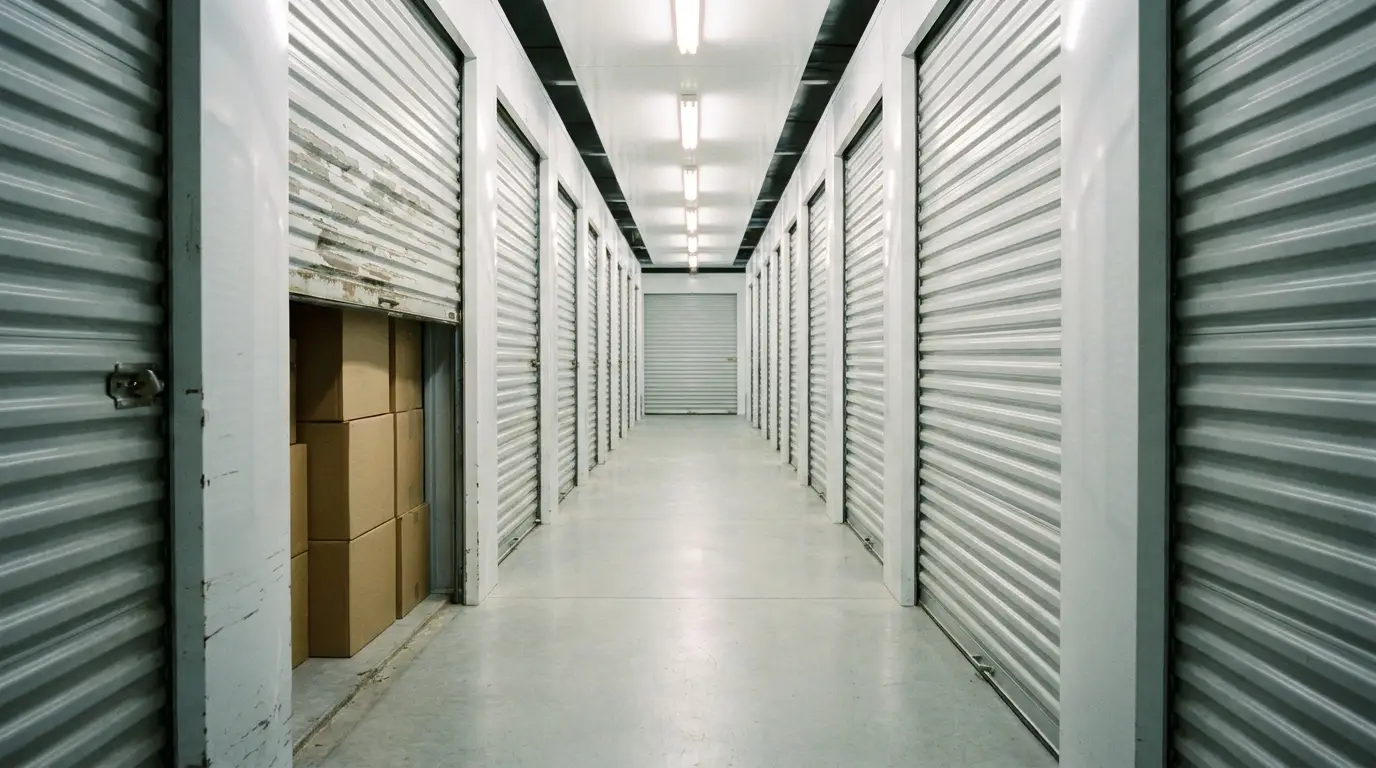 Hallway of storage units with open door revealing stacked cardboard boxes