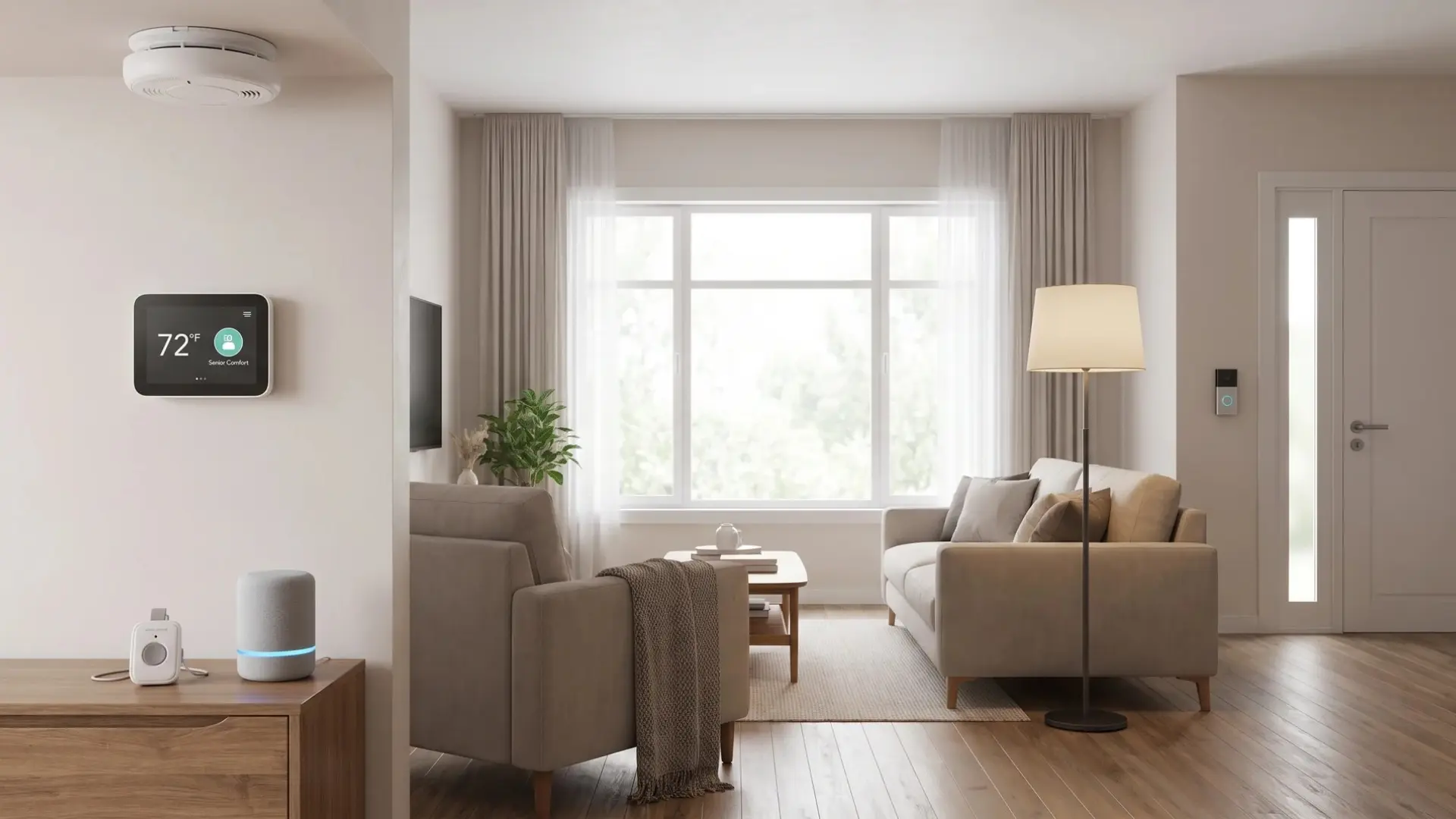 Senior home with smoke alarm, smart thermostat, and safety technology devices