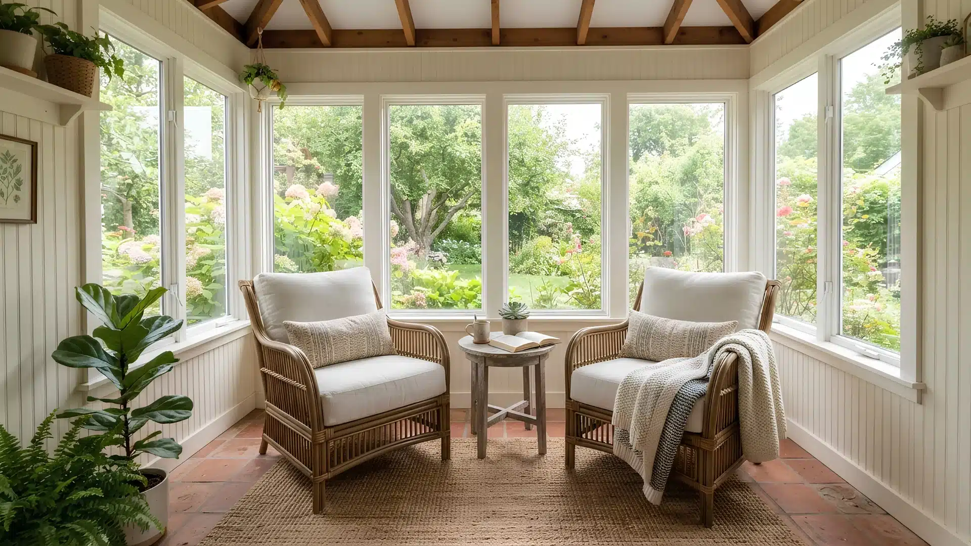 two chairs angled toward each other in a small sunroom
