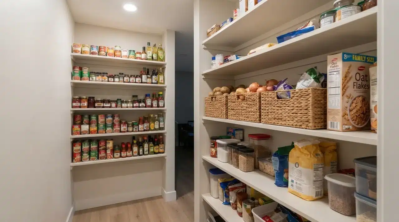 Shallow pantry shelves with cans and jars near aisle alongside deeper back-wall shelves holding baskets and large boxes