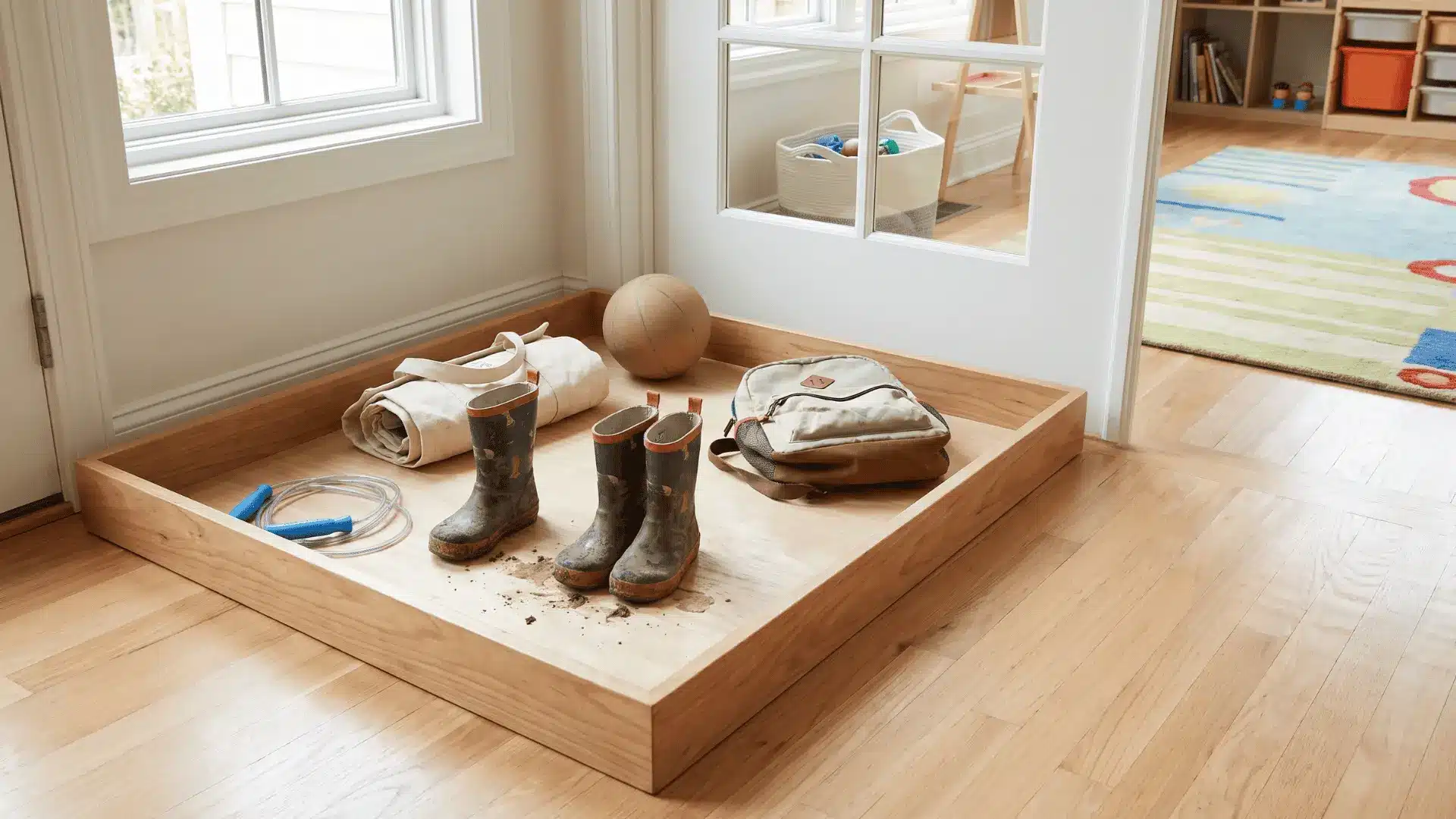 Shallow tray by a playroom door holding shoes, bags, and outdoor toys