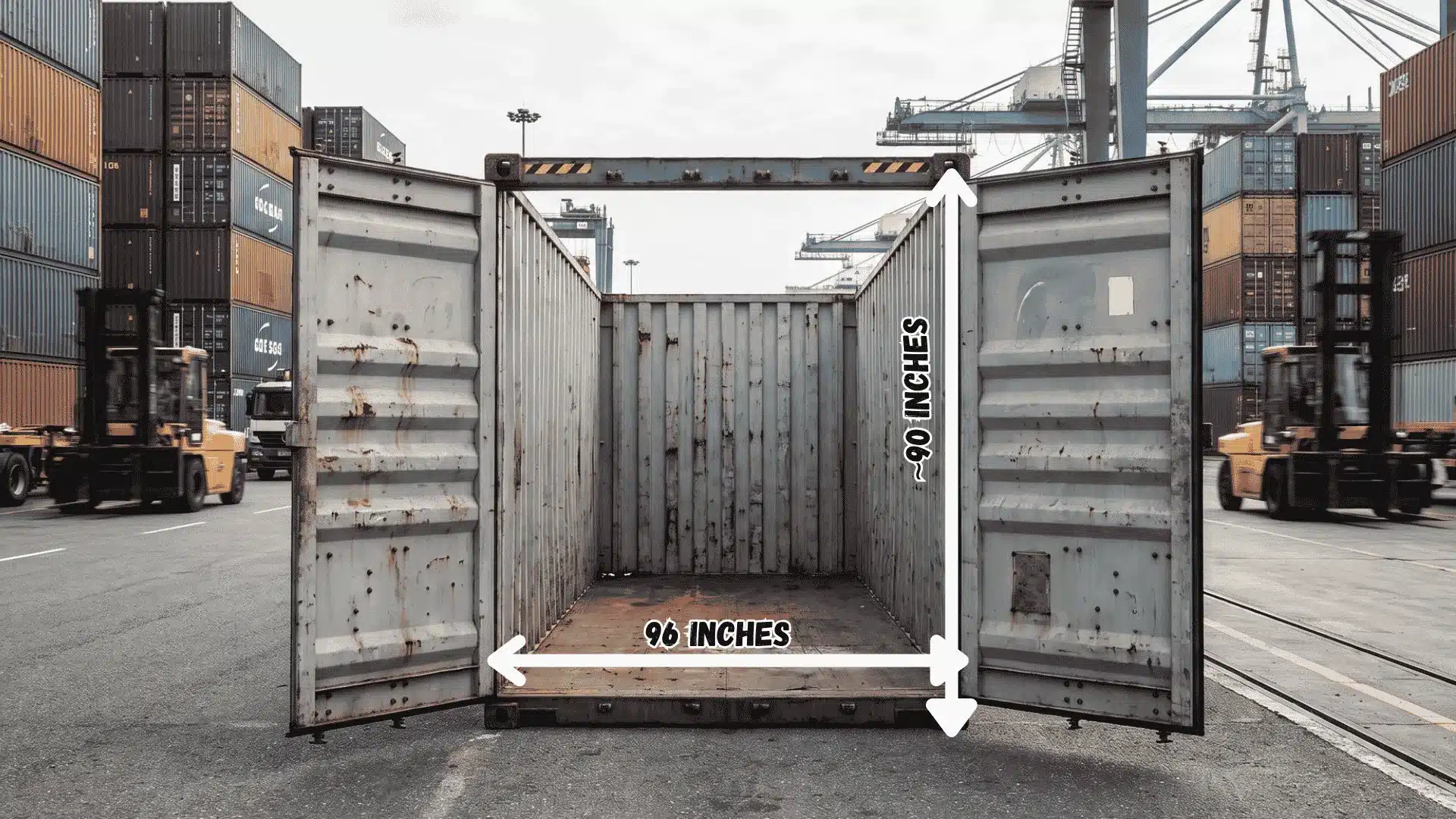 Shipping container placed in a busy docking yard with cranes and stacked containers in the background