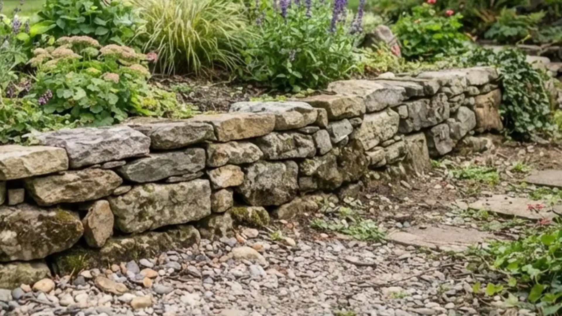 Short dry stacked rock wall built along a slightly sloped section of a garden bed