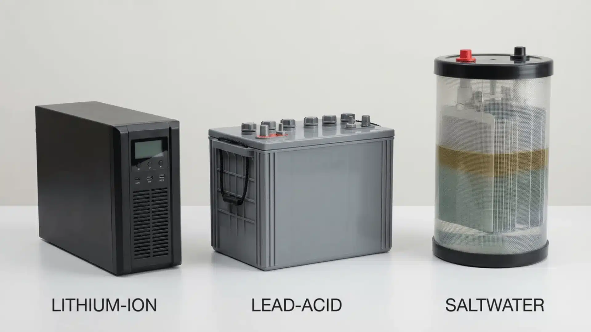 Side-by-side comparison of lithium-ion, lead-acid, and saltwater batteries for solar systems.