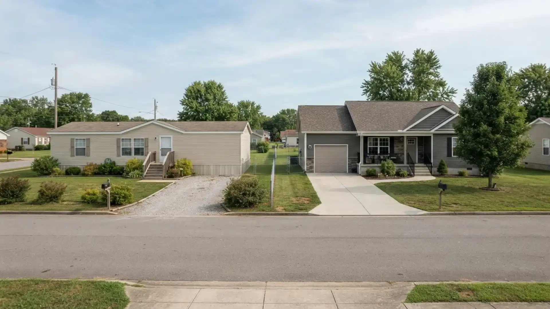 Side-by-side view comparing a single-wide manufactured home and a traditional site-built house.