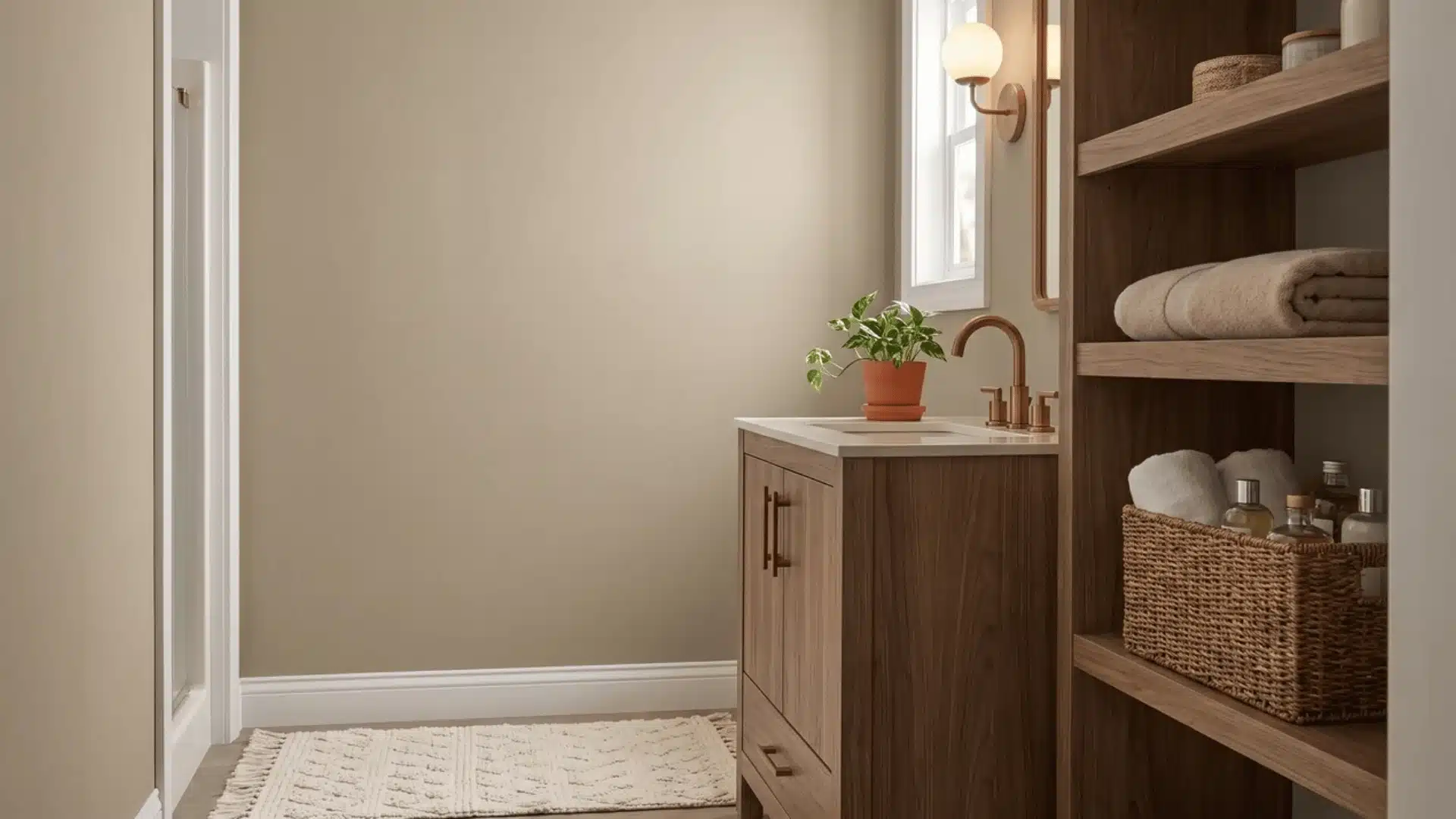 Small bathroom with warm tan walls, wood vanity, bronze fixtures, and towel basket