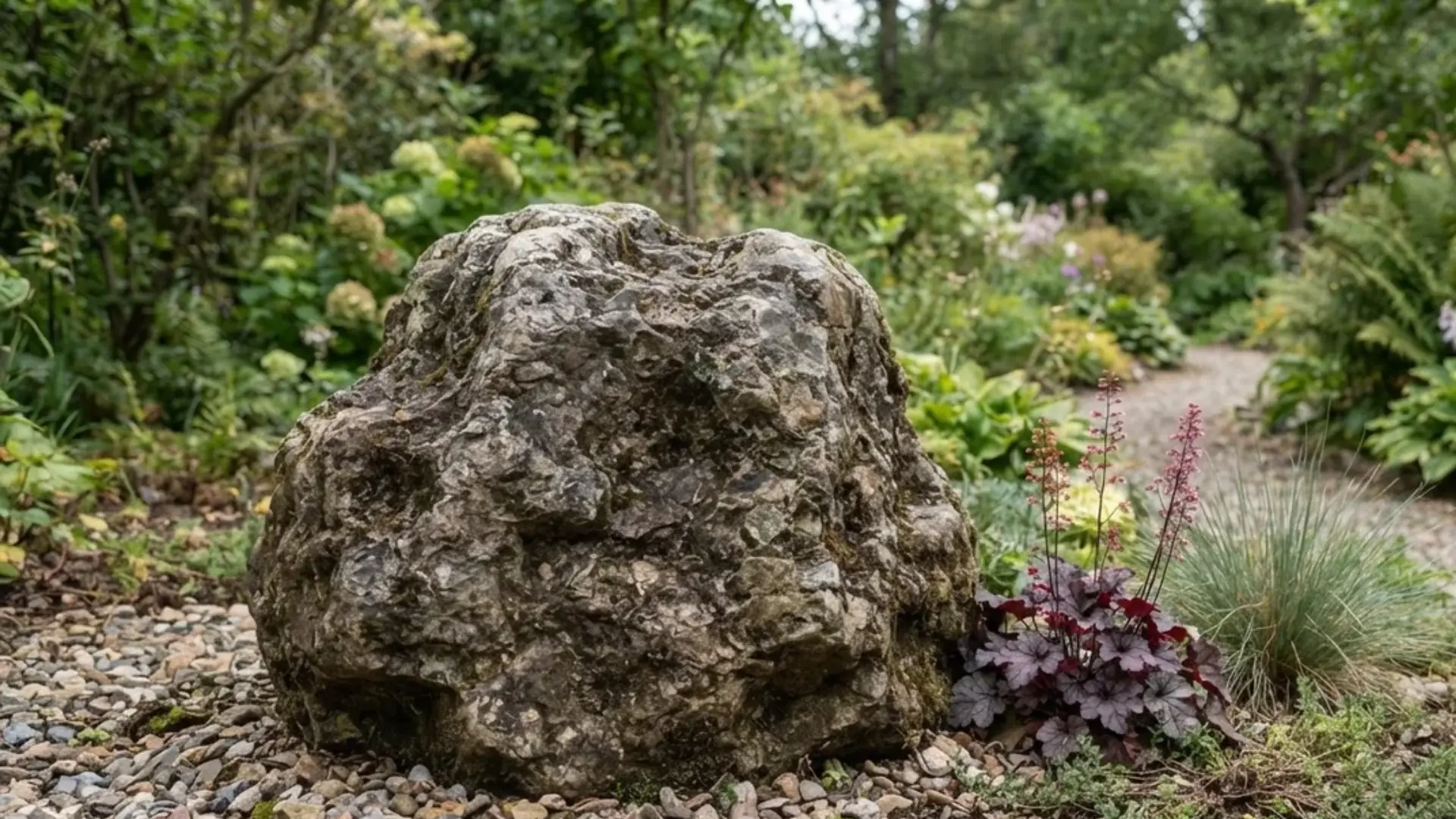 Single large weathered boulder set into gravel as the focal point of a small rock garden
