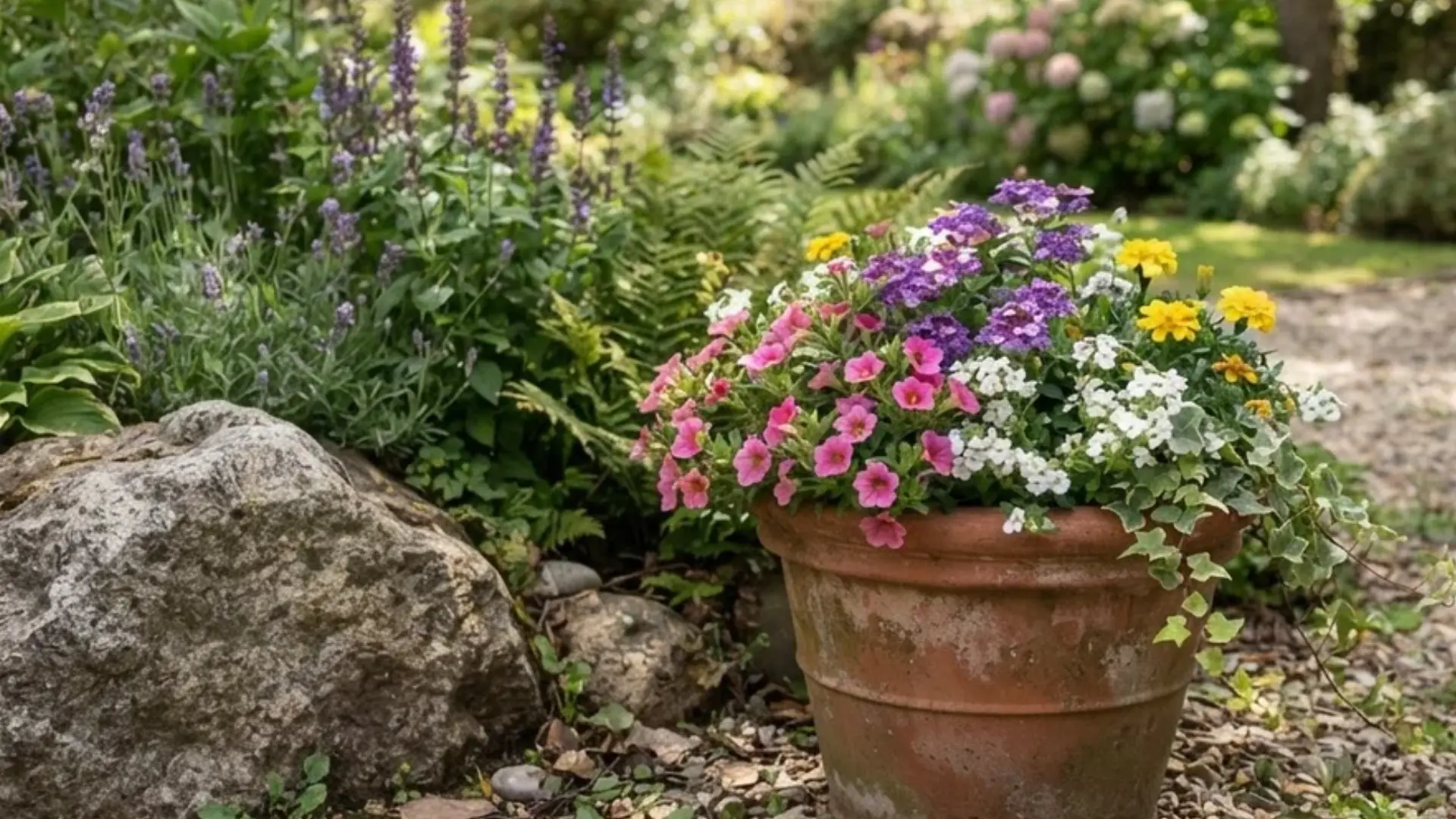 Single planted container with seasonal flowers set into a small gravel garden bed
