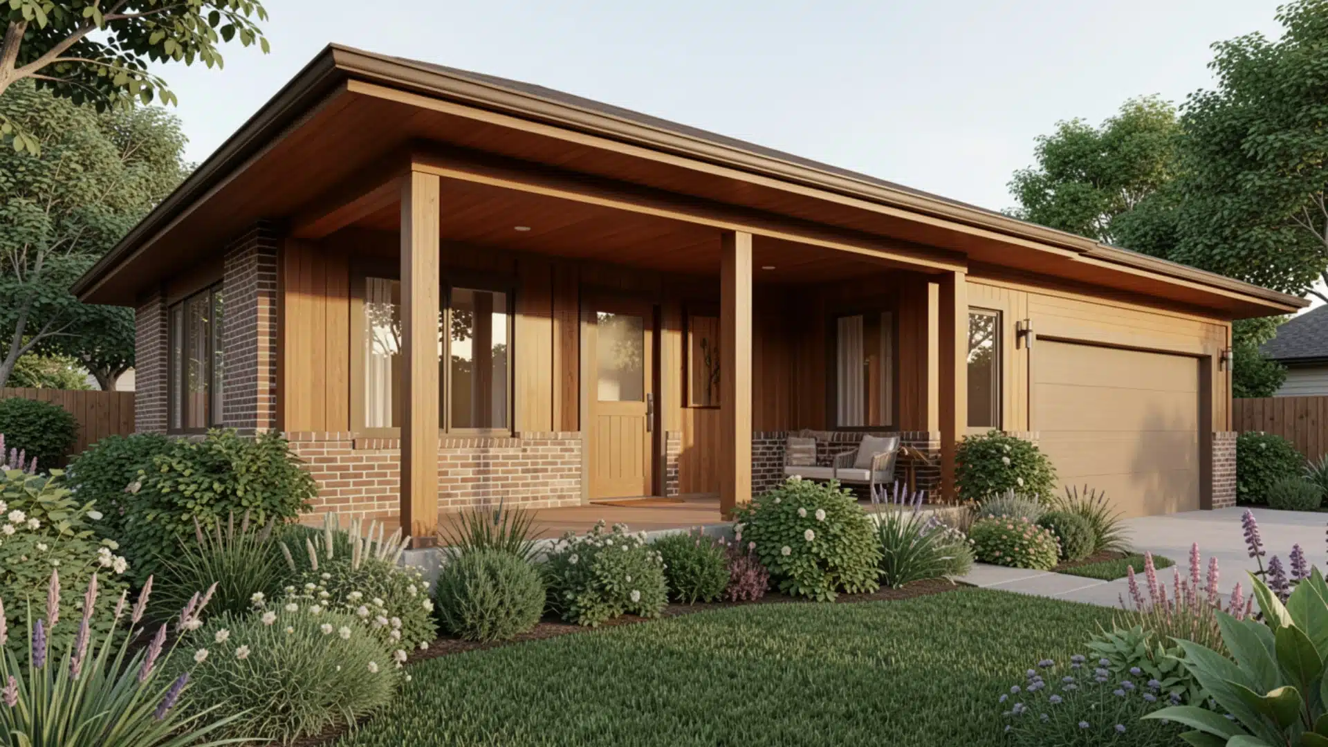 Single-story bungalow ranch house with wood siding, brick accents, and a covered front porch.