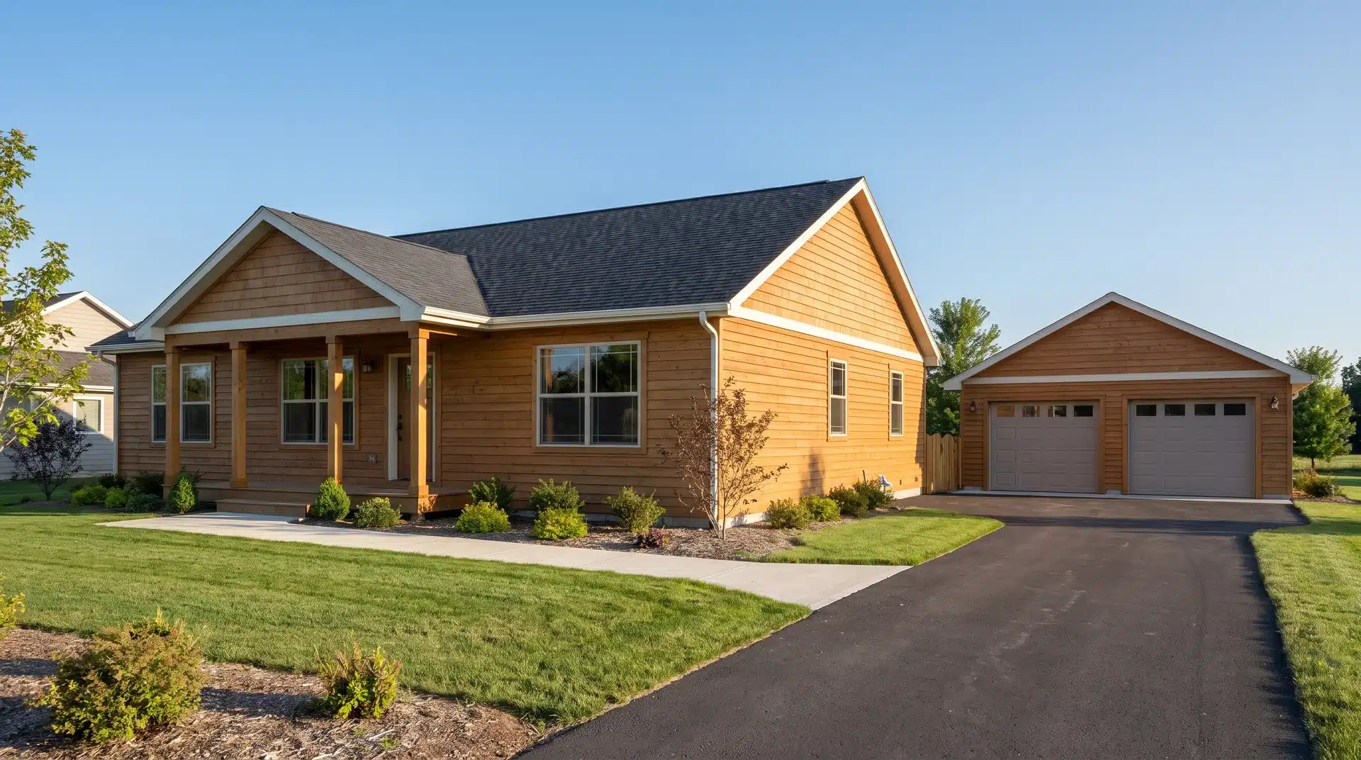 Single-story bungalow ranch with a detached garage, paved driveway, walkway, lawn, and low shrubs