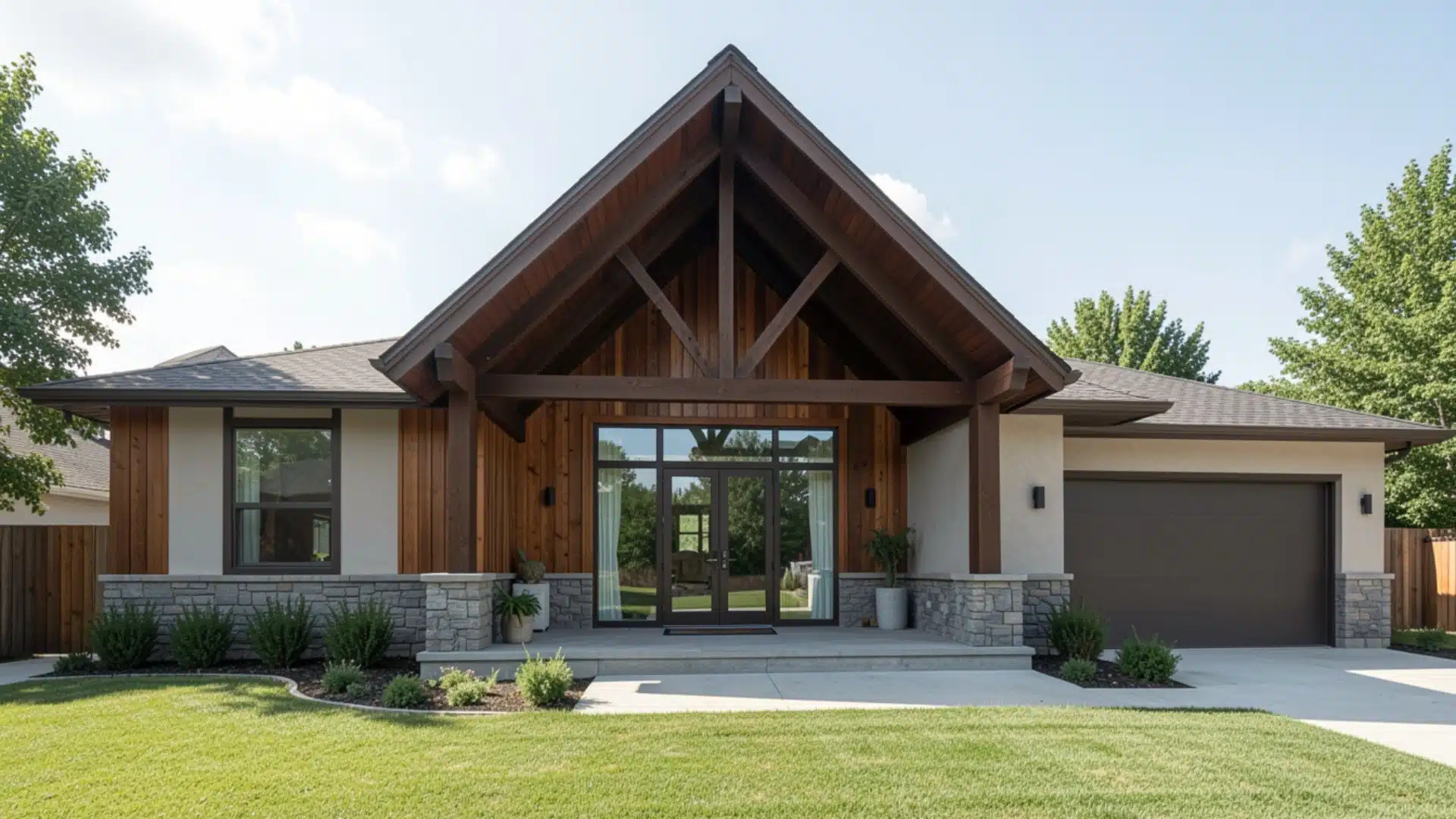 Single-story modern ranch home featuring a prominent dark wood A-frame vaulted entry porch.
