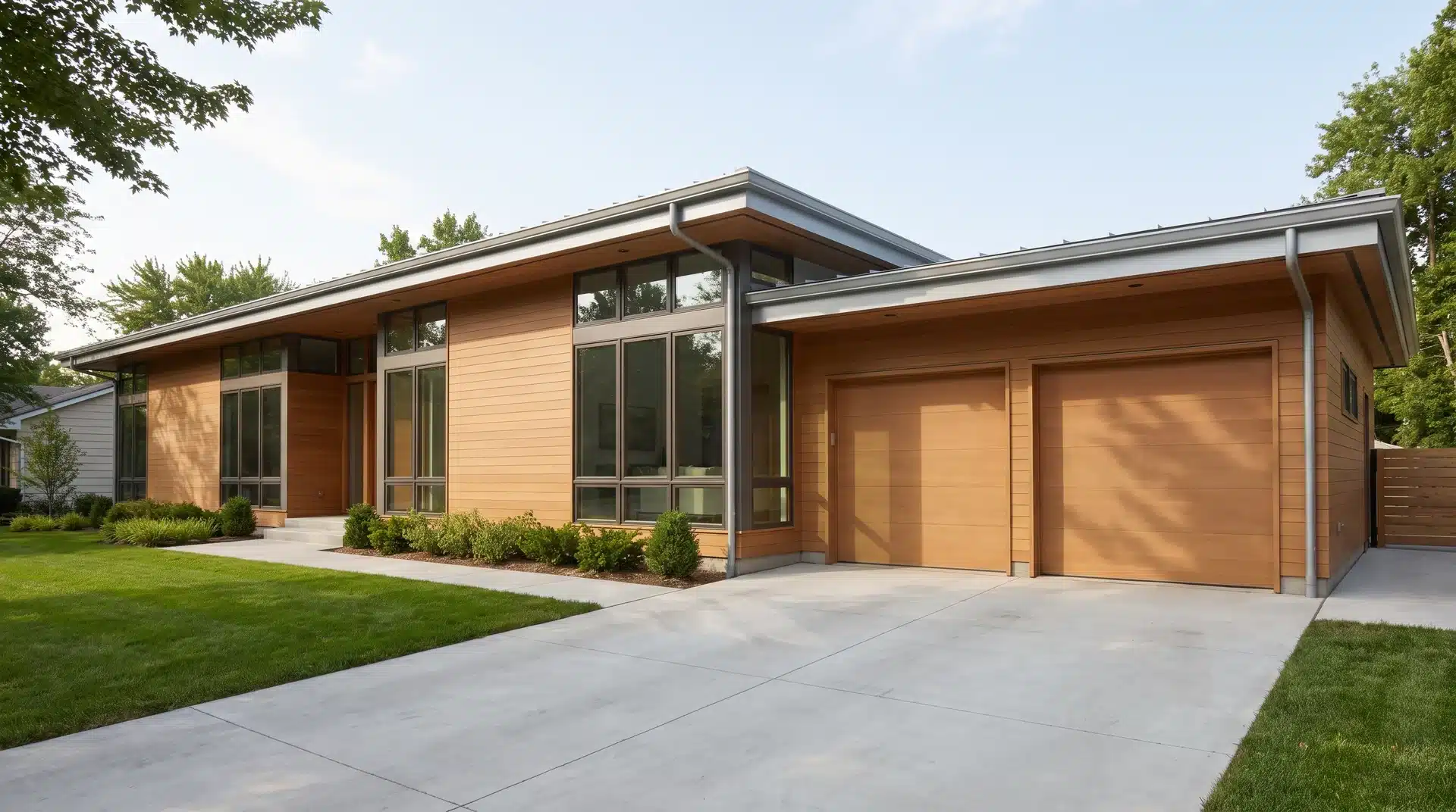 Single-story ranch house with a low-sloped roof, attached garage, large glass windows, smooth siding, and a lawn