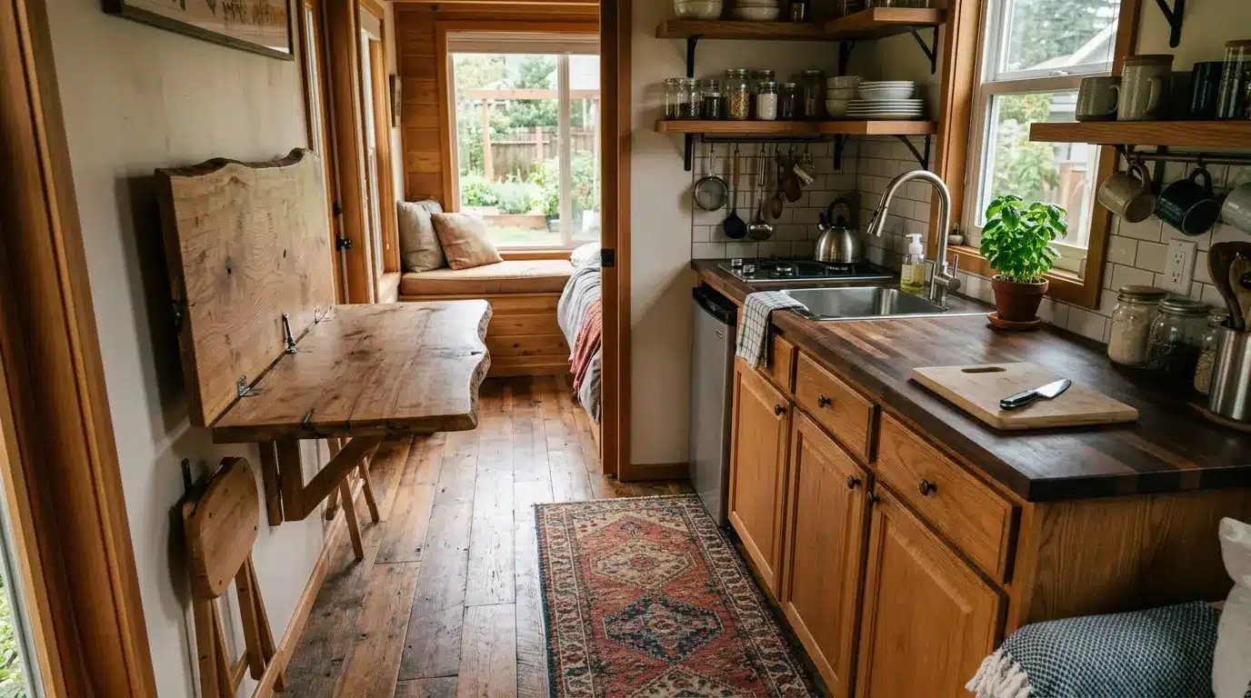 Single-wall kitchen with a wooden table folded against the wall