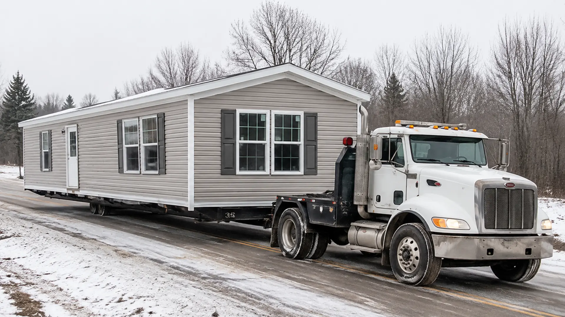 Single-wide mobile home being hauled by a heavy-duty truck along a snowy rural road