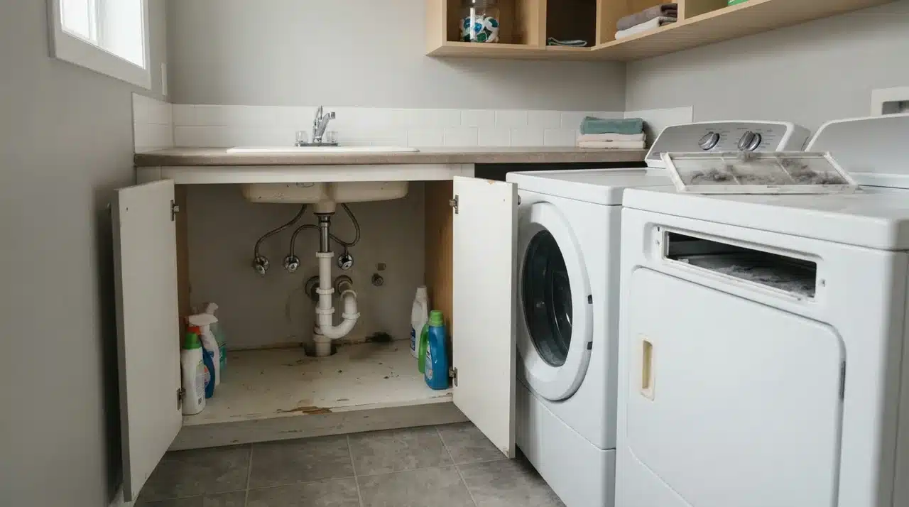Sink plumbing beside a washing machine and dryer with the lint screen removed