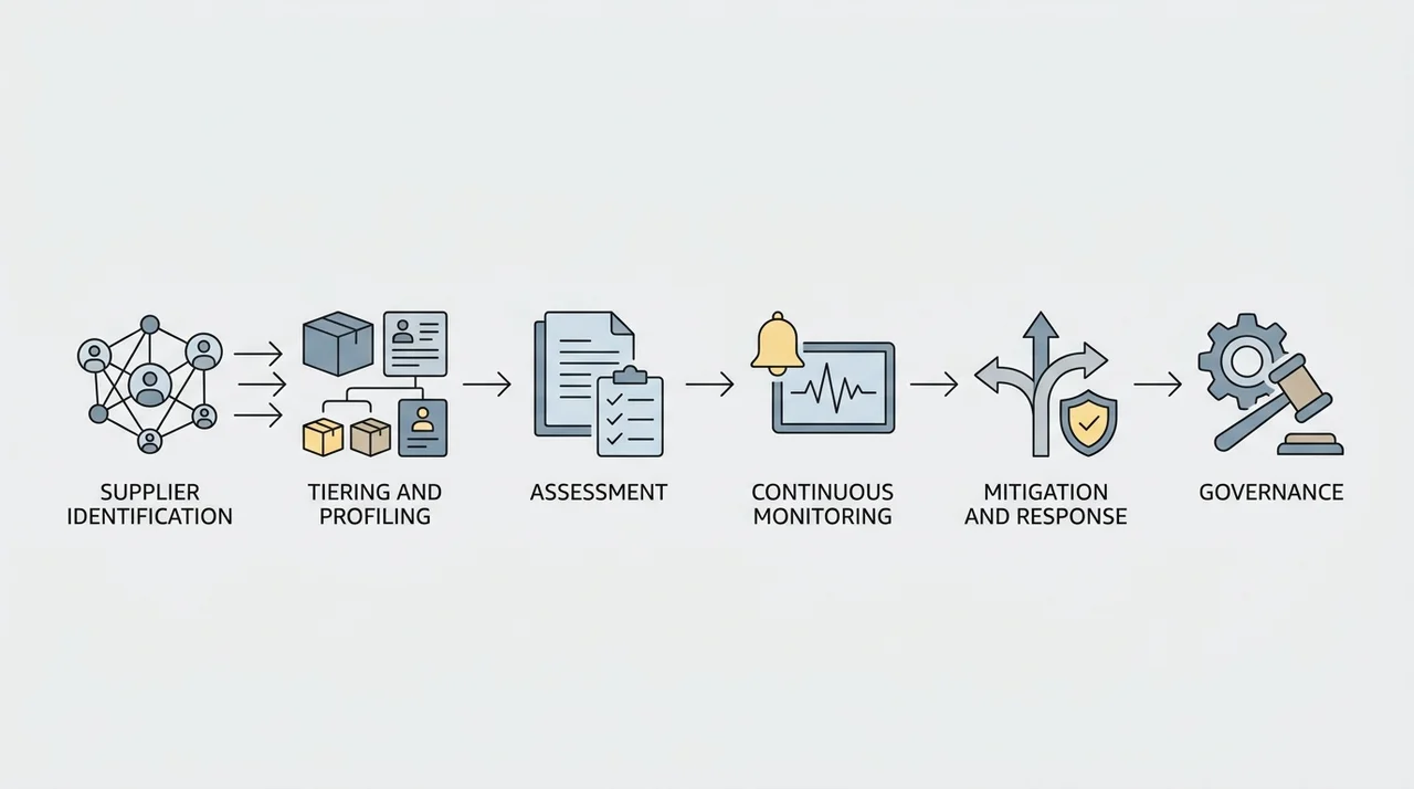 Six connected components representing identification, tiering, assessment, monitoring, mitigation, and governance