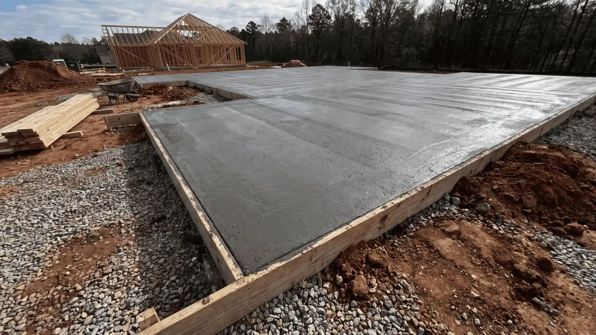 freshly poured concrete slab foundation with wooden forms and framed house in background