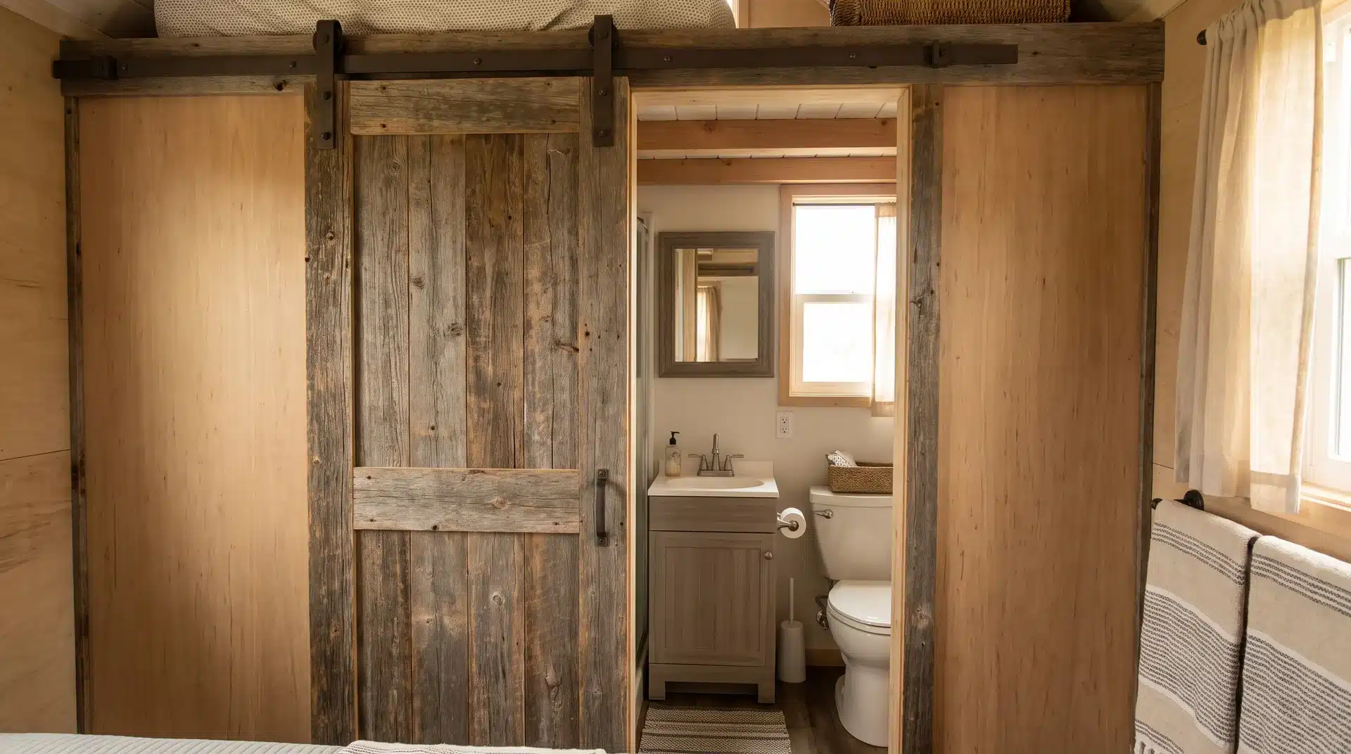 Sliding barn door beside a compact tiny home bathroom with a vanity, toilet, mirror, and narrow walkway