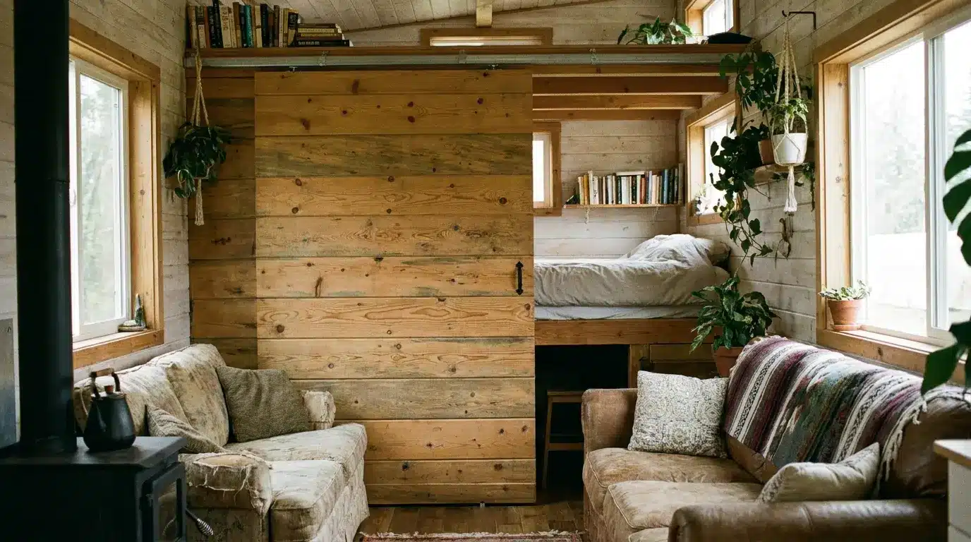 Sliding wall partially closed between living and sleeping zones