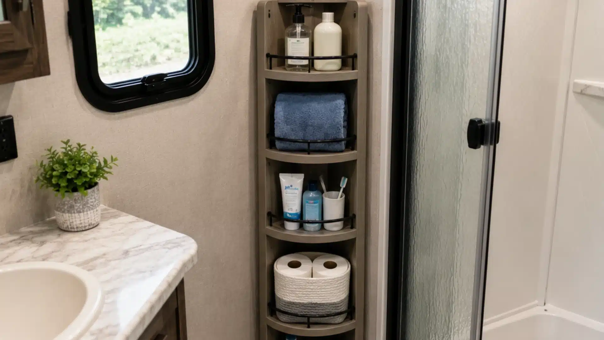 Slim corner storage tower holds towels and toiletries in a compact RV bathroom space
