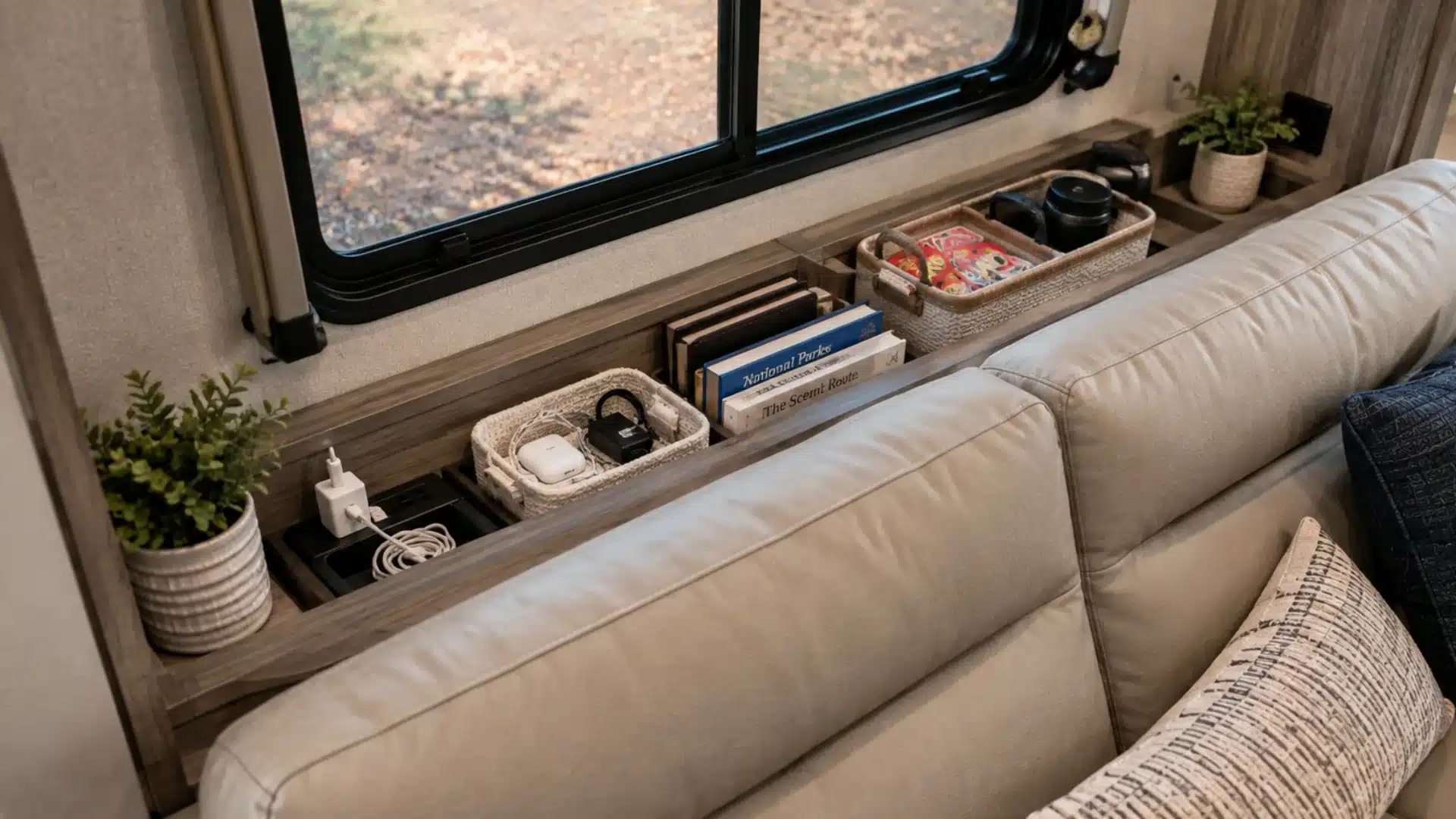 Slim shelf behind an RV sofa stores books, chargers, games, and small essentials