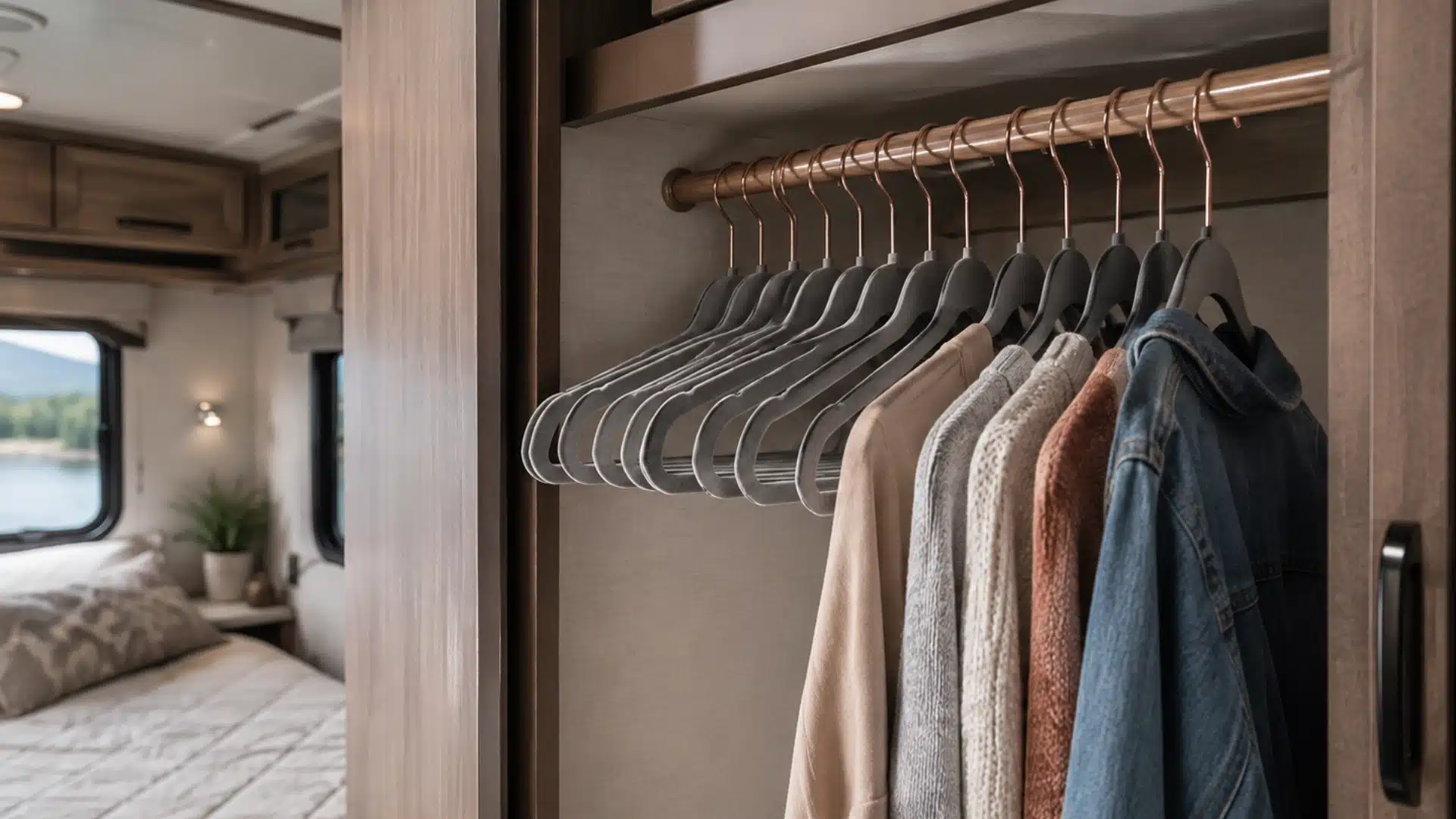 Slim velvet hangers organize clothes efficiently inside a narrow RV bedroom closet