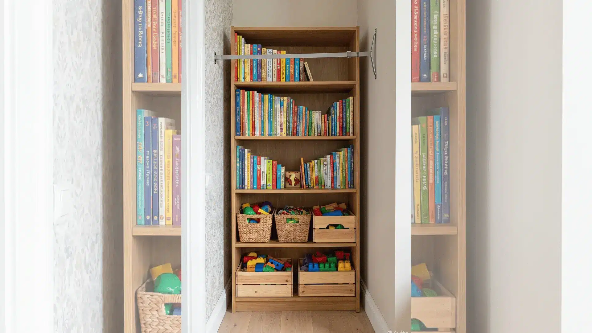Slim vertical playroom bookcase with books above and heavier items stored on lower shelves