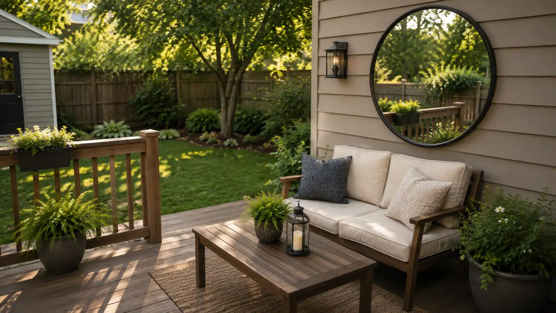 Small backyard deck with a round outdoor mirror above cushioned seating and greenery