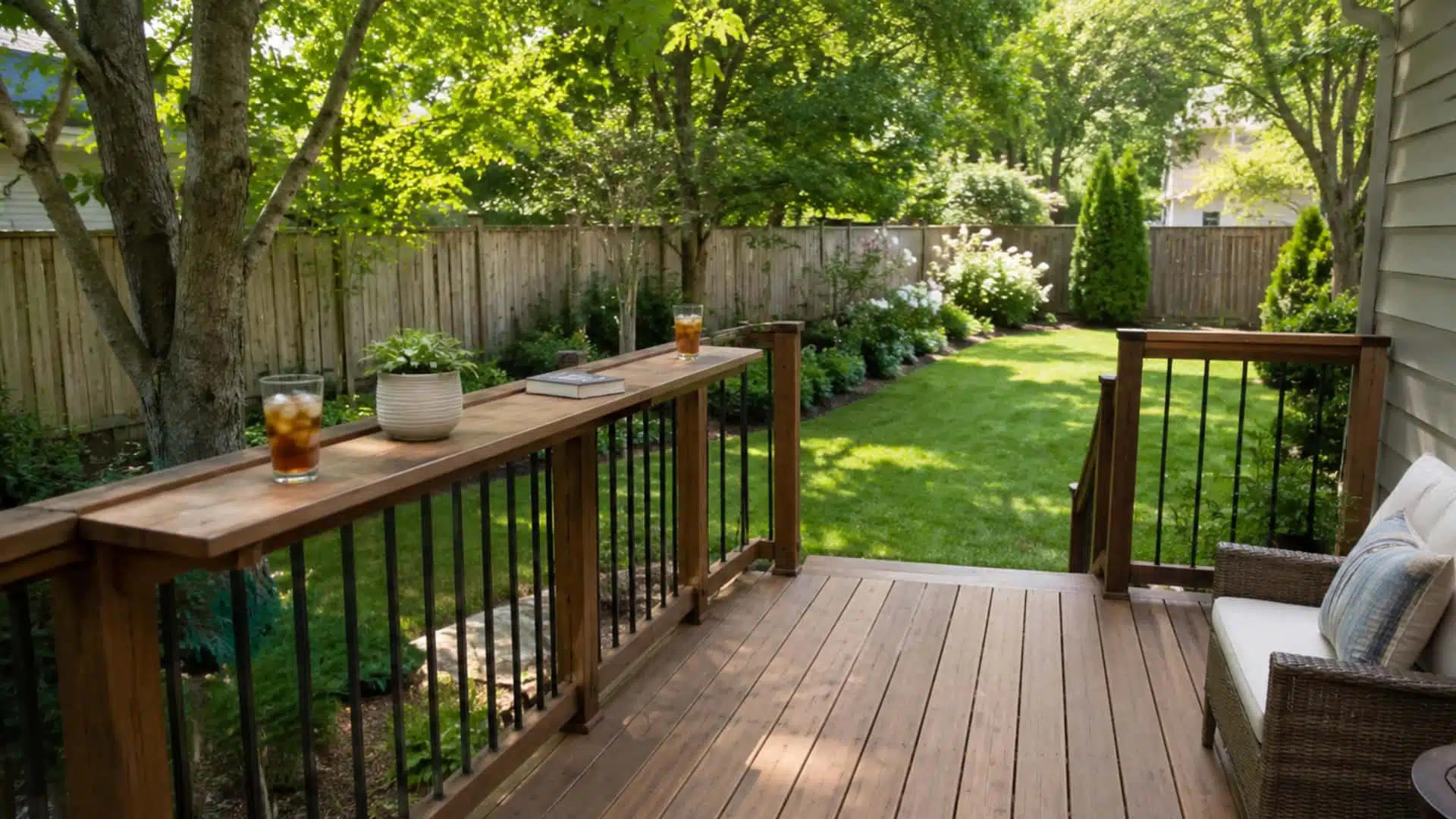 Small backyard deck with a slim railing shelf holding plants and drinks beside seating