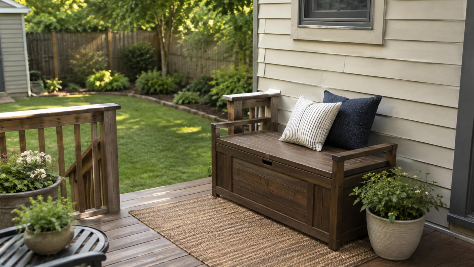 Small backyard deck with a two-seat storage bench, pillows, and a view of the yard
