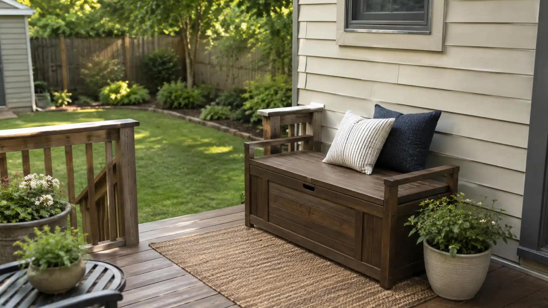 Small backyard deck with a two-seat storage bench, pillows, and a view of the yard