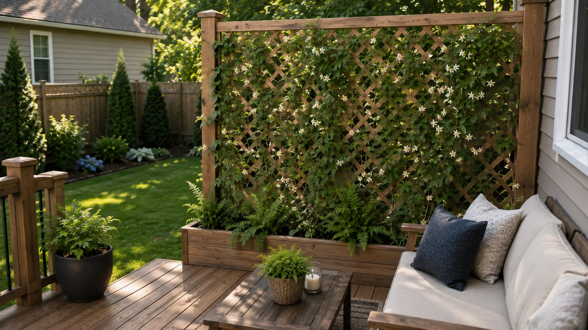 Small backyard deck with a vine-covered lattice privacy screen beside cushioned seating